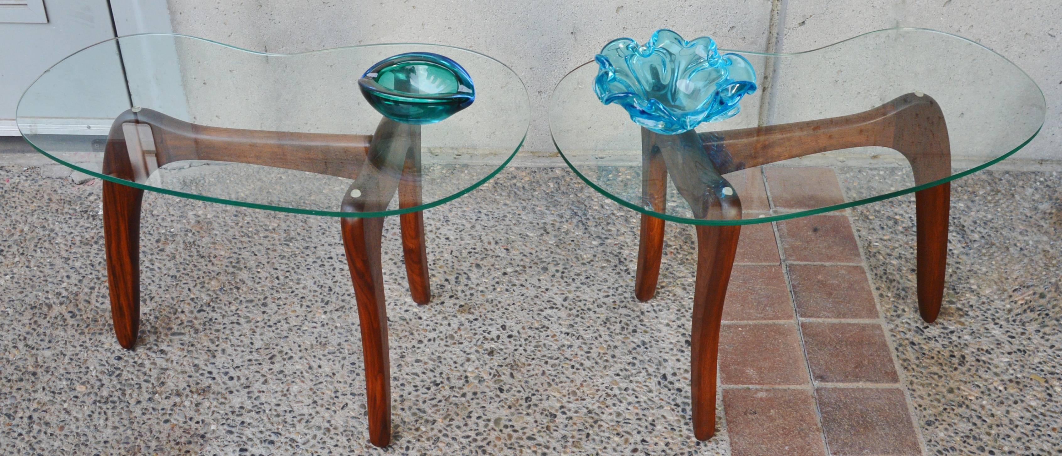 Pair of Adrian Pearsall Solid Walnut Side Tables, Kidney Shape Glass Tops 1