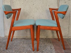 Set of Eight Kai Kristainsen Teak Model 42 Dining Chairs in Blue Wool