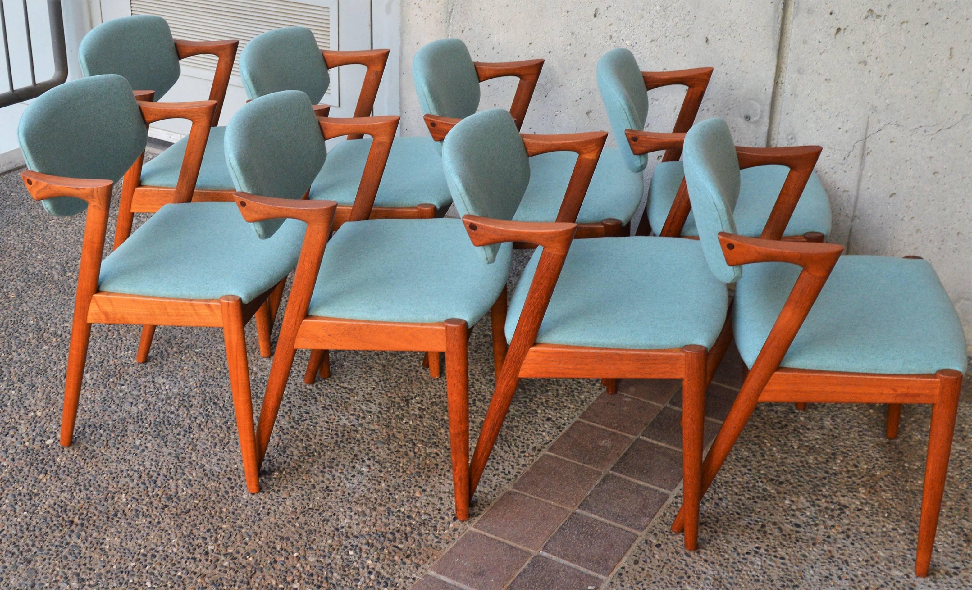 Danish Set of Eight Kai Kristainsen Teak Model 42 Dining Chairs in Blue Wool