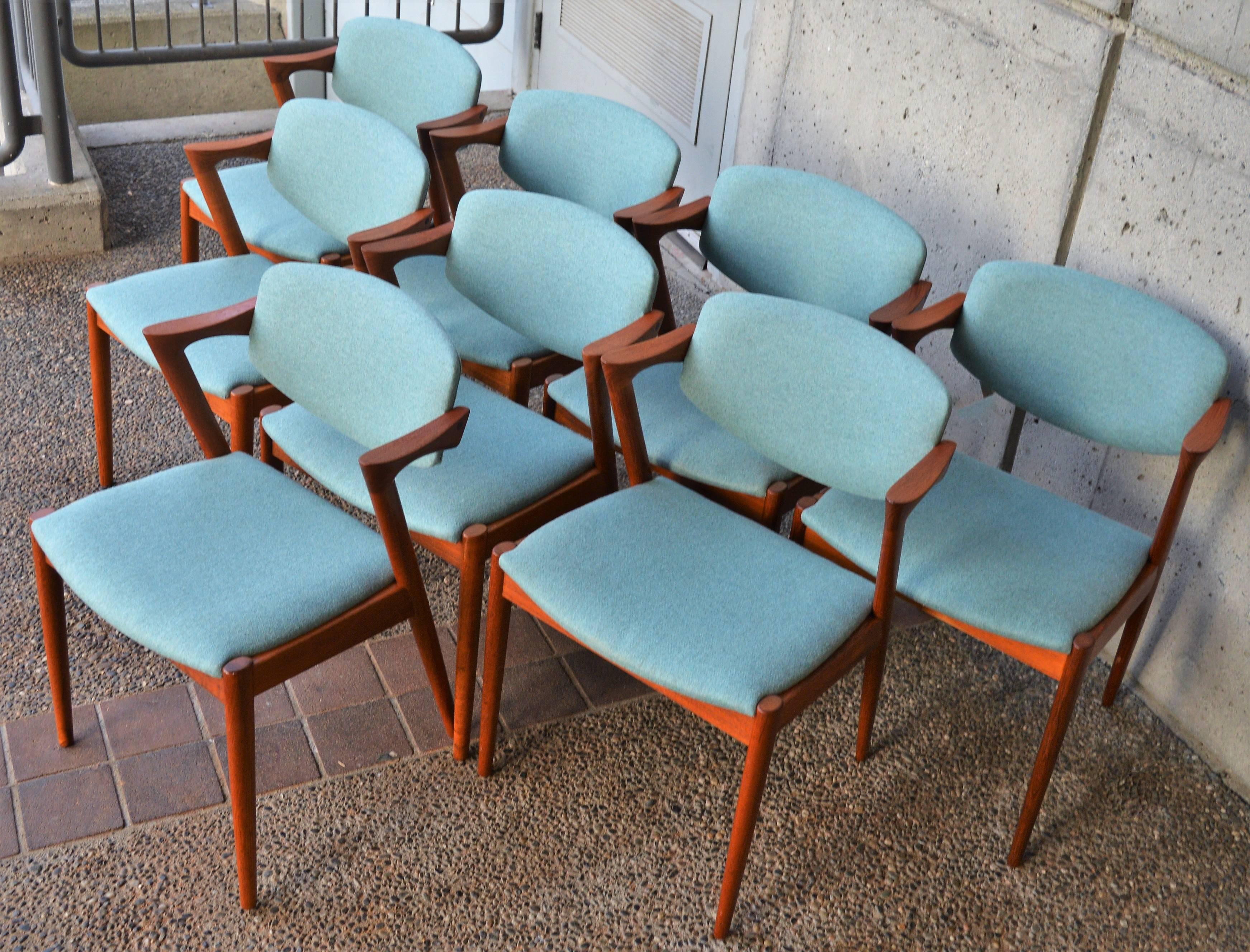 Mid-20th Century Set of Eight Kai Kristainsen Teak Model 42 Dining Chairs in Blue Wool