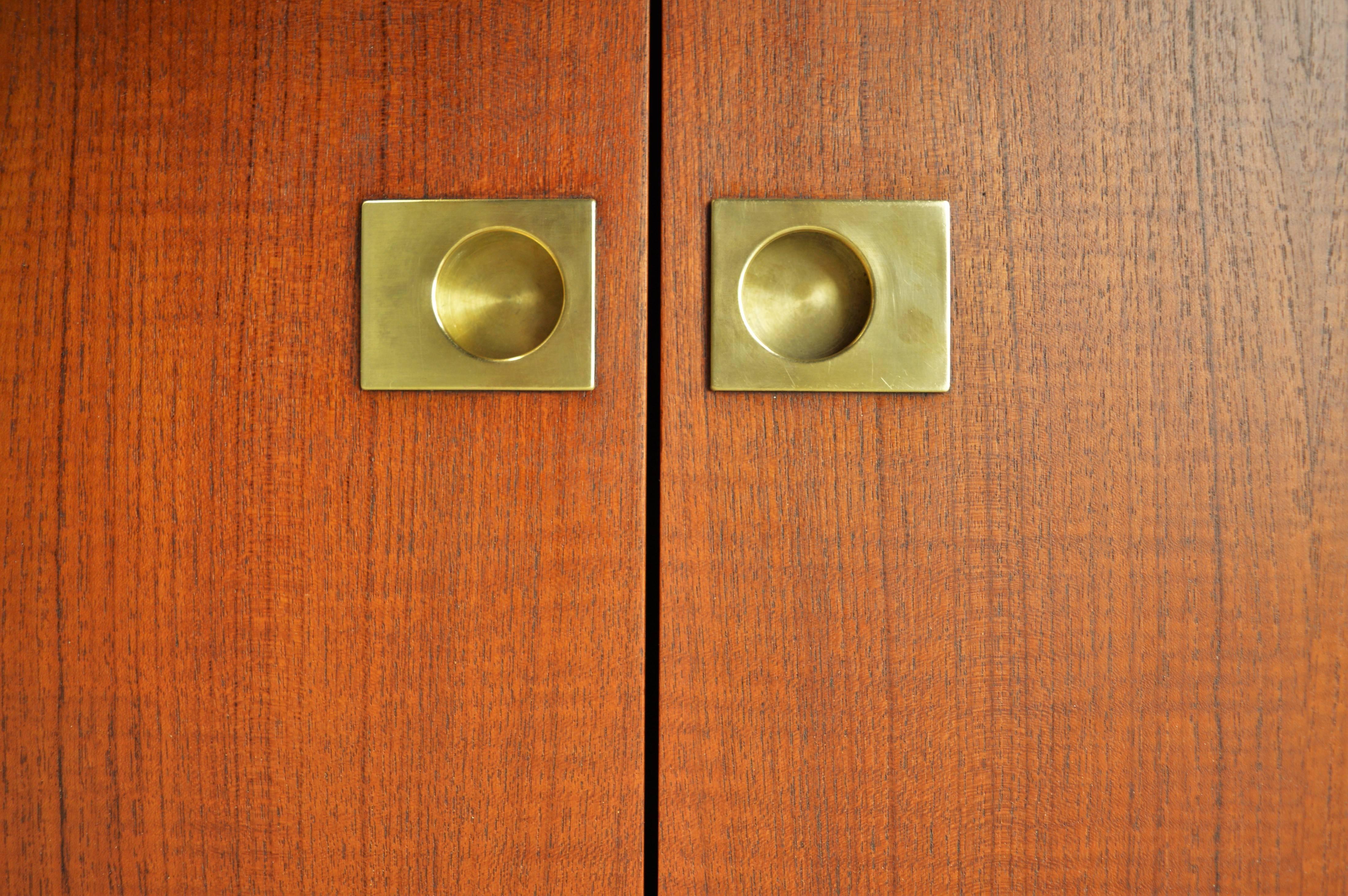 Danish Teak and Brass Bar Cabinet on Casters with Bottle and Glass Storage In Excellent Condition In New Westminster, British Columbia