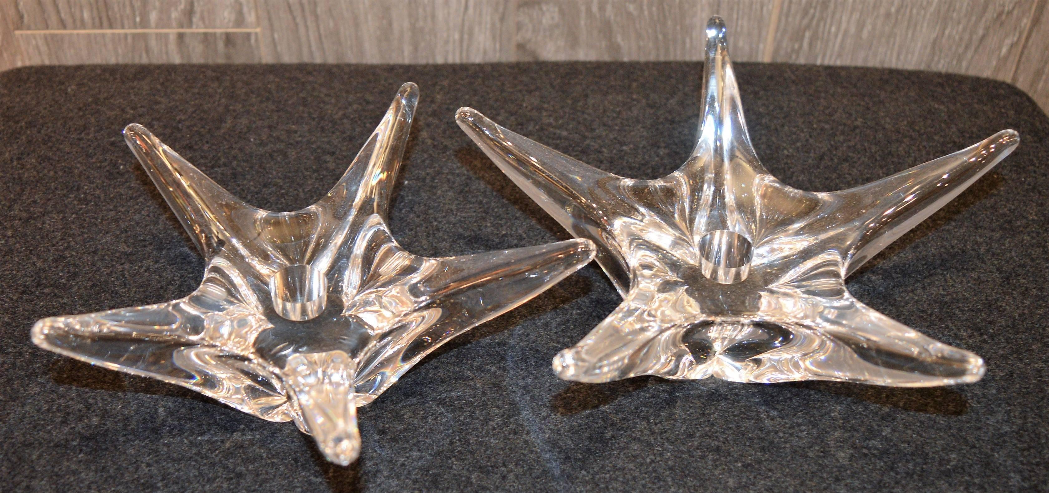 Mid-20th Century Rare Pair of Daum Star Shaped Crystal Candlesticks, Signed For Sale