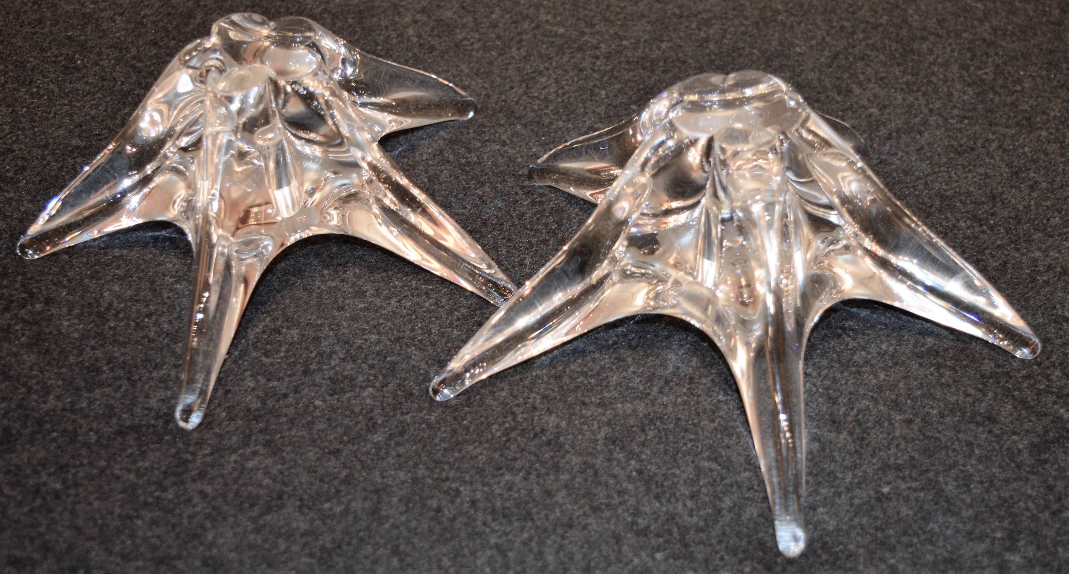 Mid-Century Modern Rare Pair of Daum Star Shaped Crystal Candlesticks, Signed For Sale