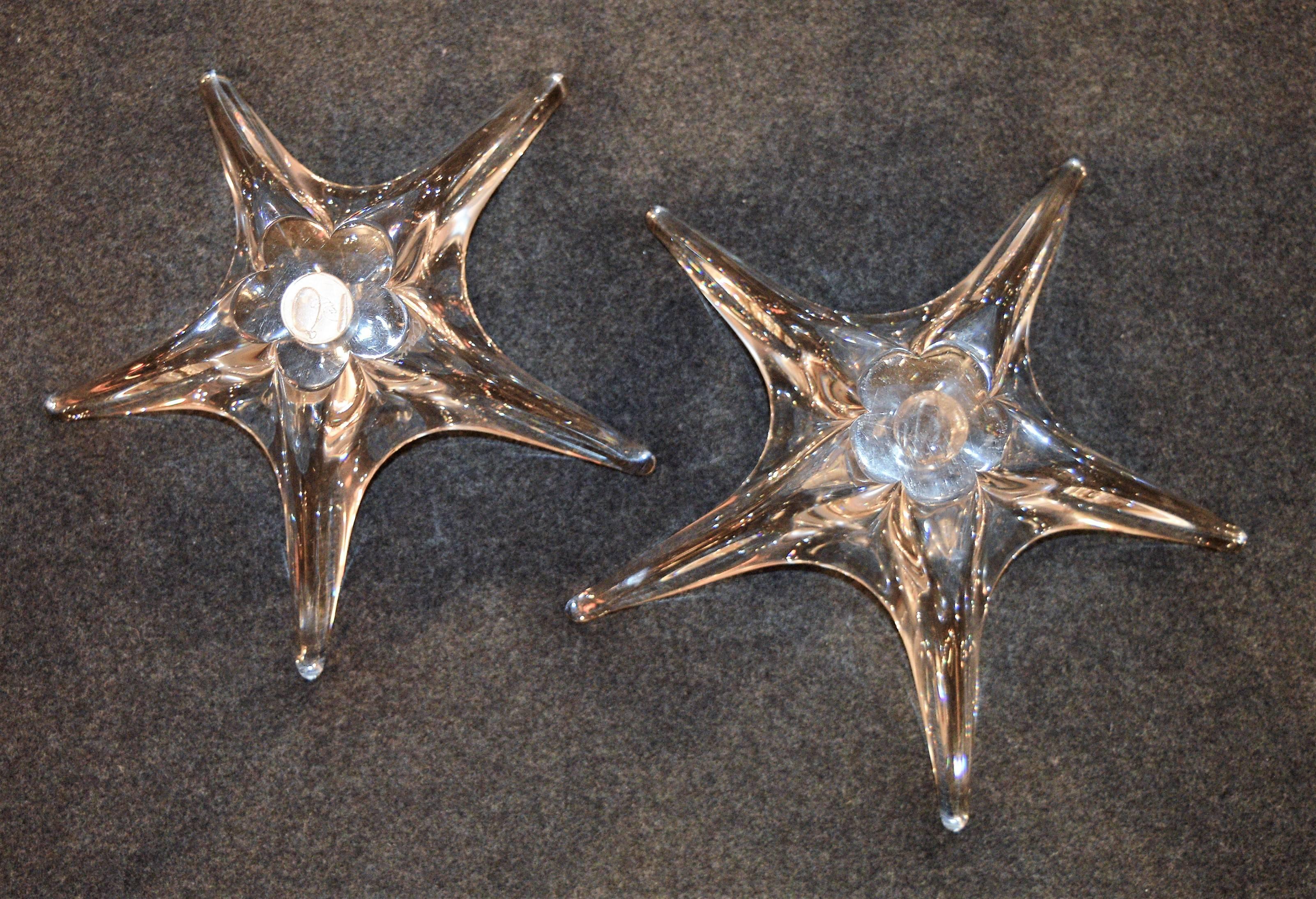 French Rare Pair of Daum Star Shaped Crystal Candlesticks, Signed For Sale