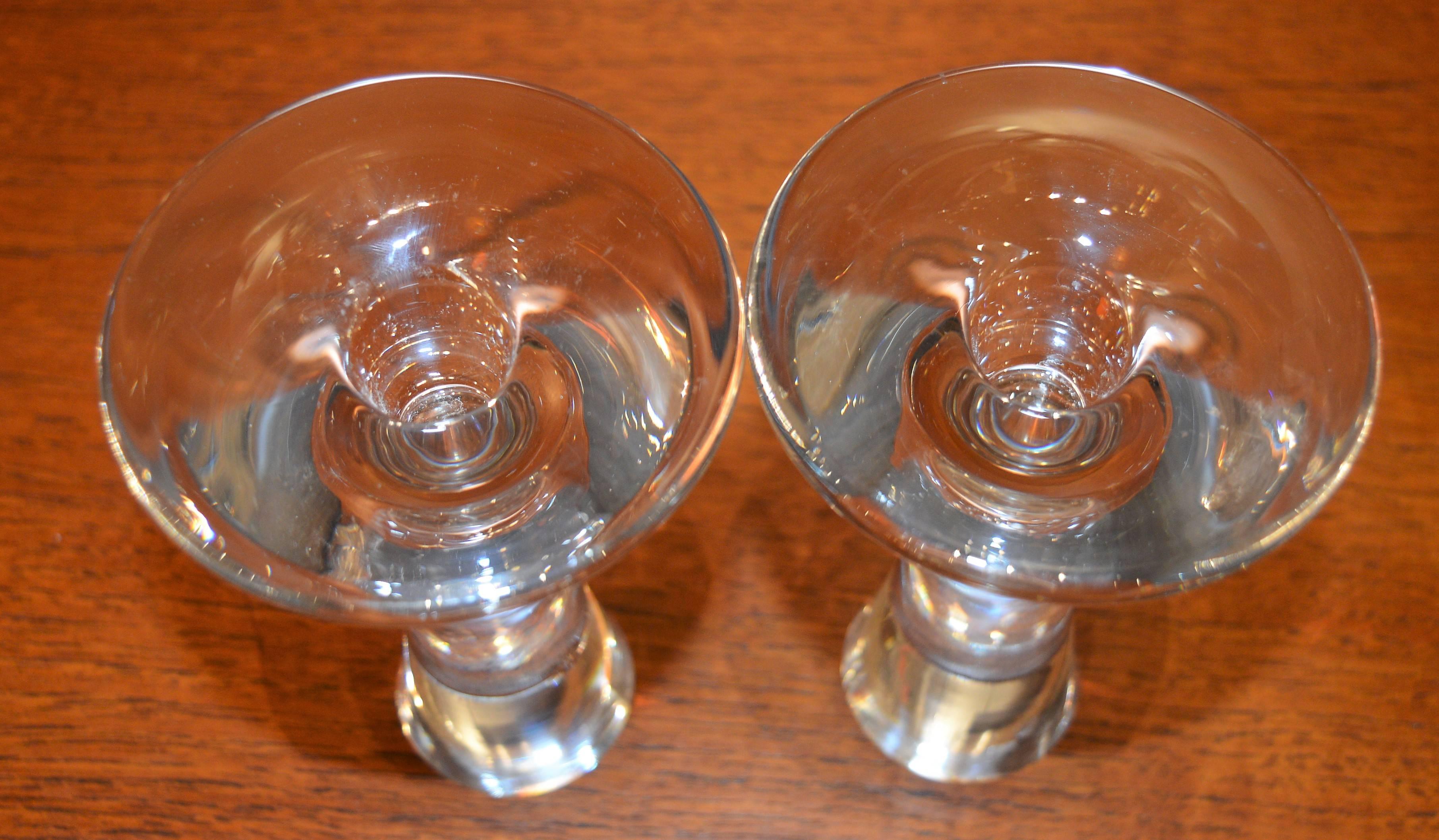 Pair of Tapio Wirkkala Handblown Clear Glass Candlesticks, Signed Iittala In Excellent Condition For Sale In New Westminster, British Columbia