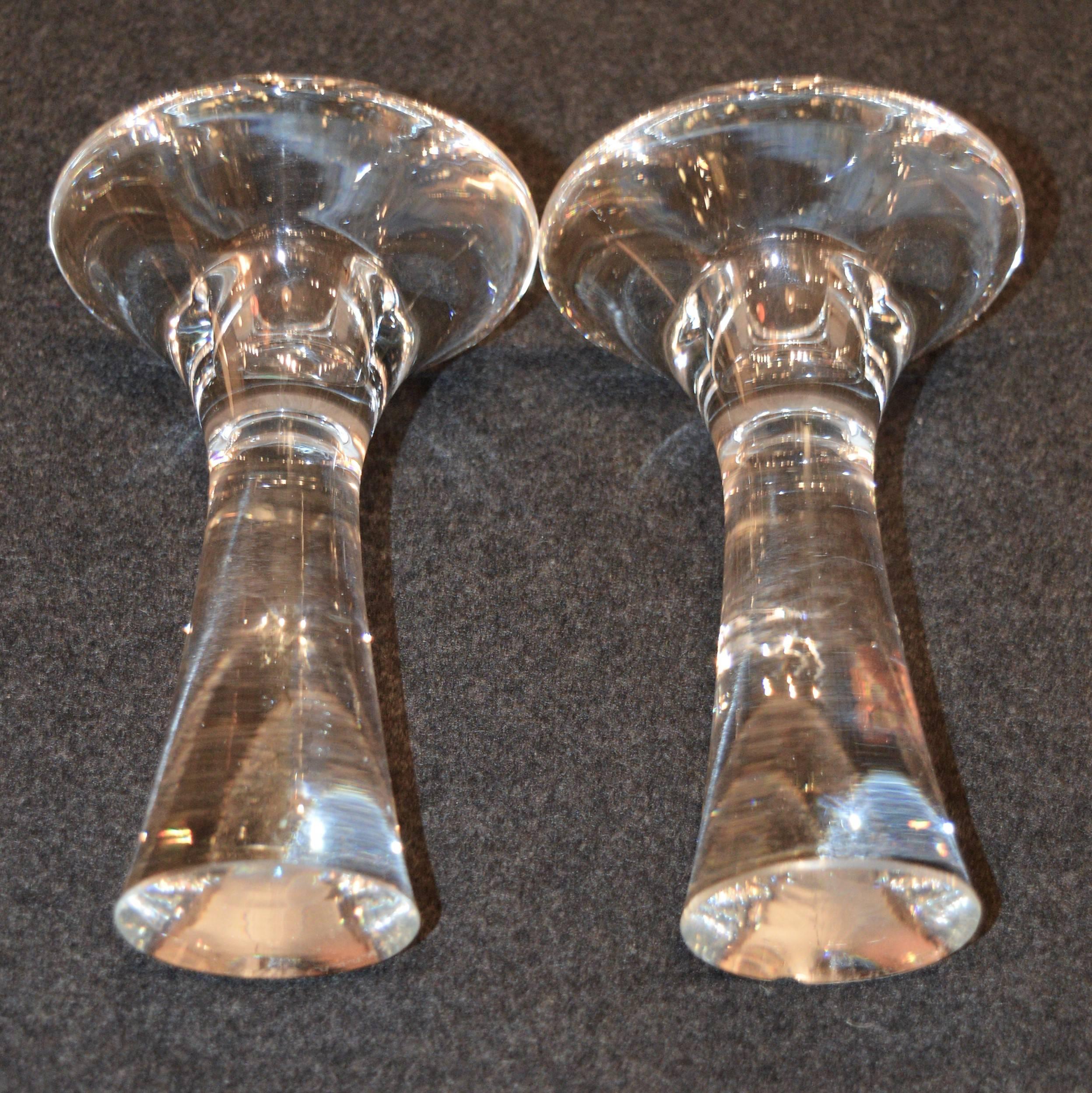 Blown Glass Pair of Tapio Wirkkala Handblown Clear Glass Candlesticks, Signed Iittala For Sale