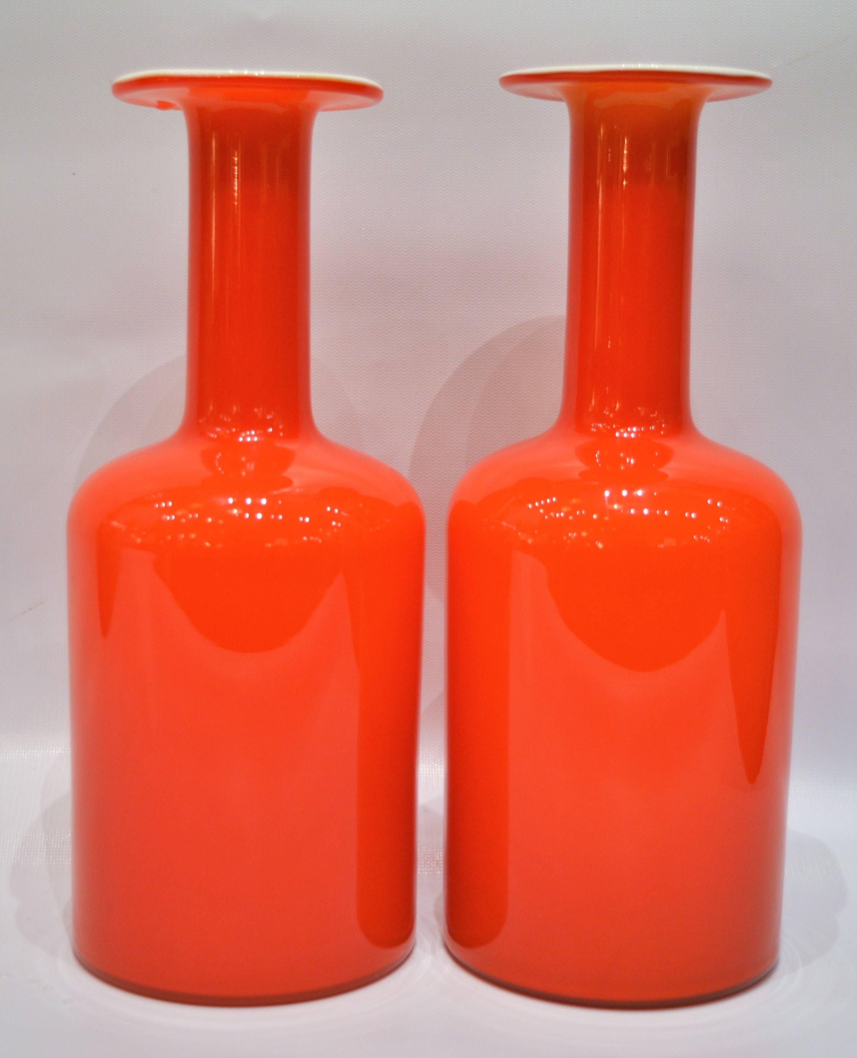 Pair of Danish Orange Holmegaard Gulvases Cased in White, Otto Brauer In Excellent Condition For Sale In New Westminster, British Columbia
