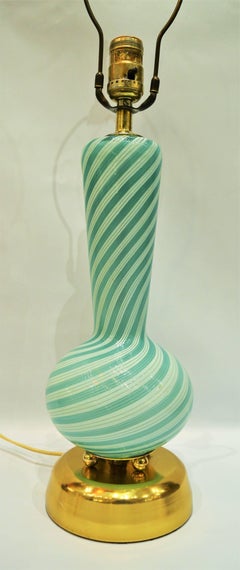 Murano Italian Brass & Glass Ribbon, Striped, Twist Table Lamp in Green & White