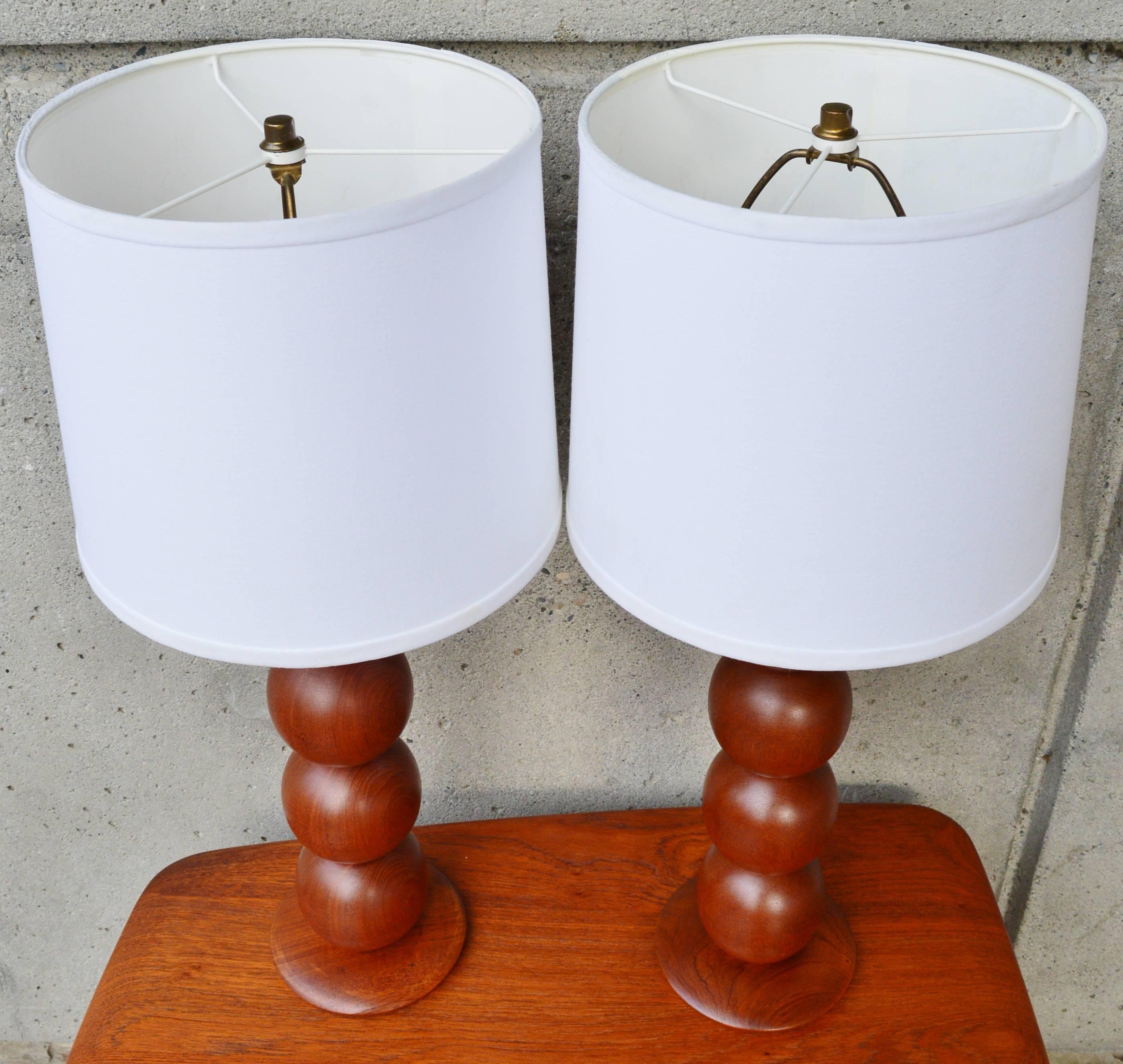 Brass Pair of Danish Modern Teak Stacked Ball Table Lamps with New Linen Shades