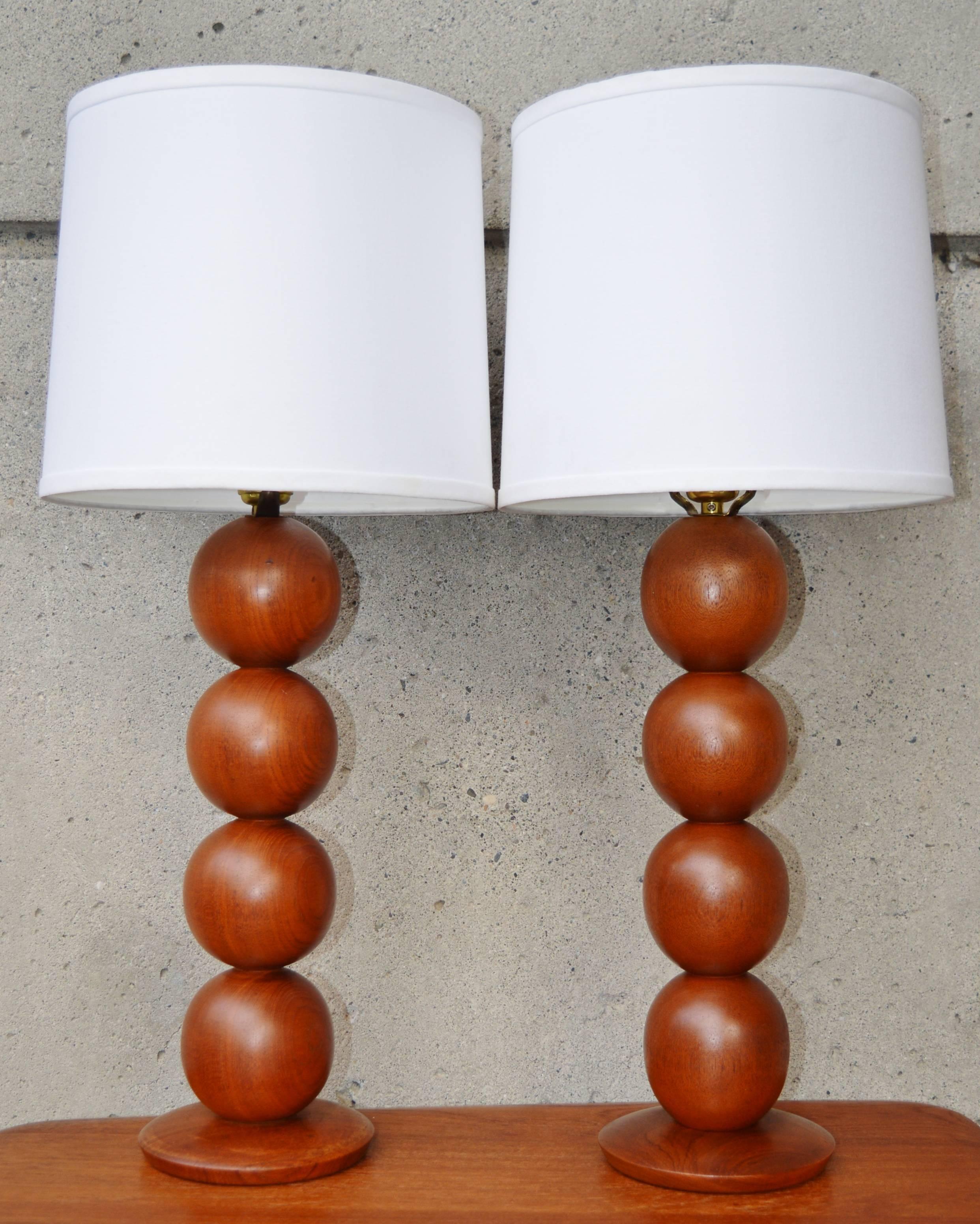 Mid-Century Modern Pair of Danish Modern Teak Stacked Ball Table Lamps with New Linen Shades