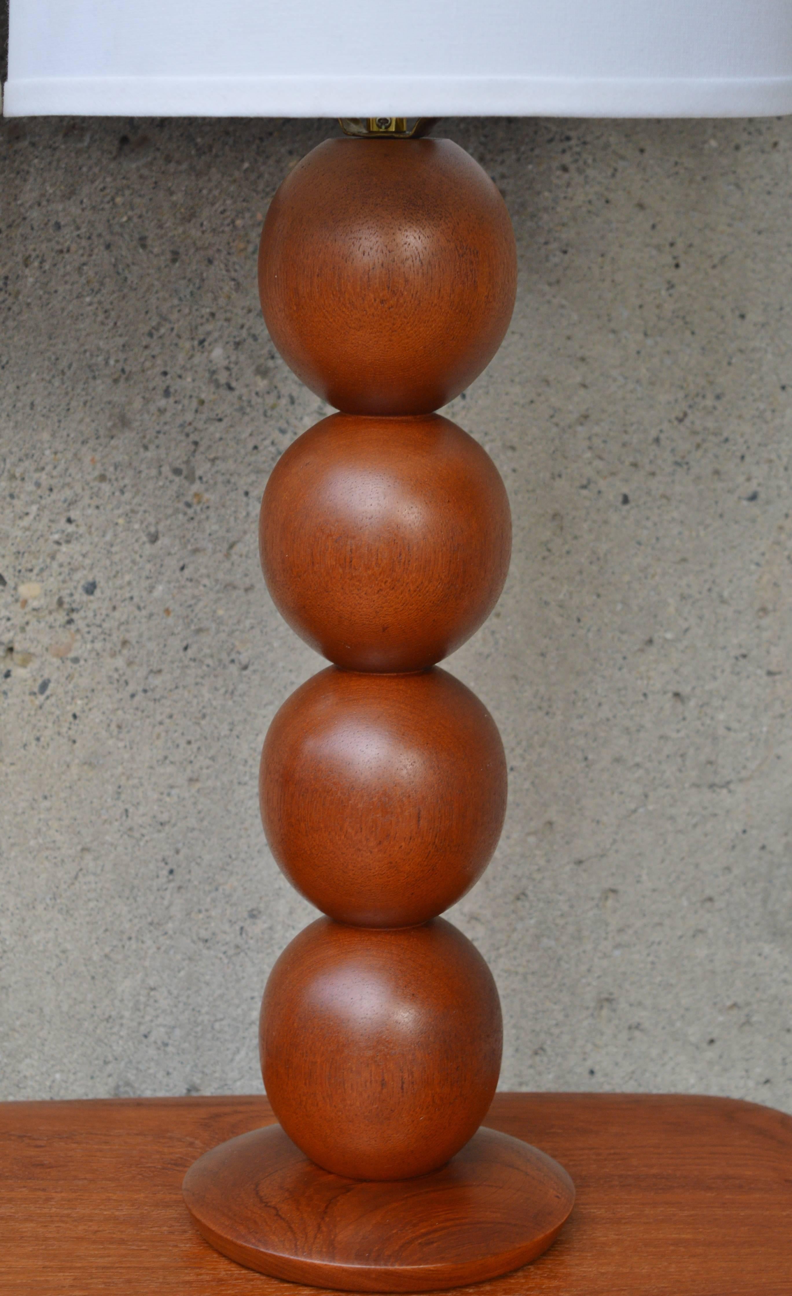 Mid-20th Century Pair of Danish Modern Teak Stacked Ball Table Lamps with New Linen Shades