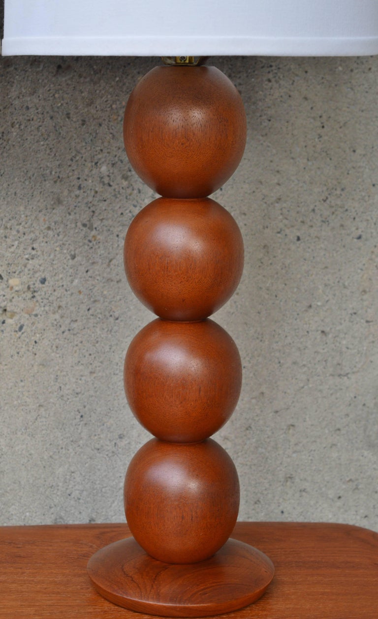 Pair of Danish Modern Teak Stacked Ball Table Lamps with New Linen ...