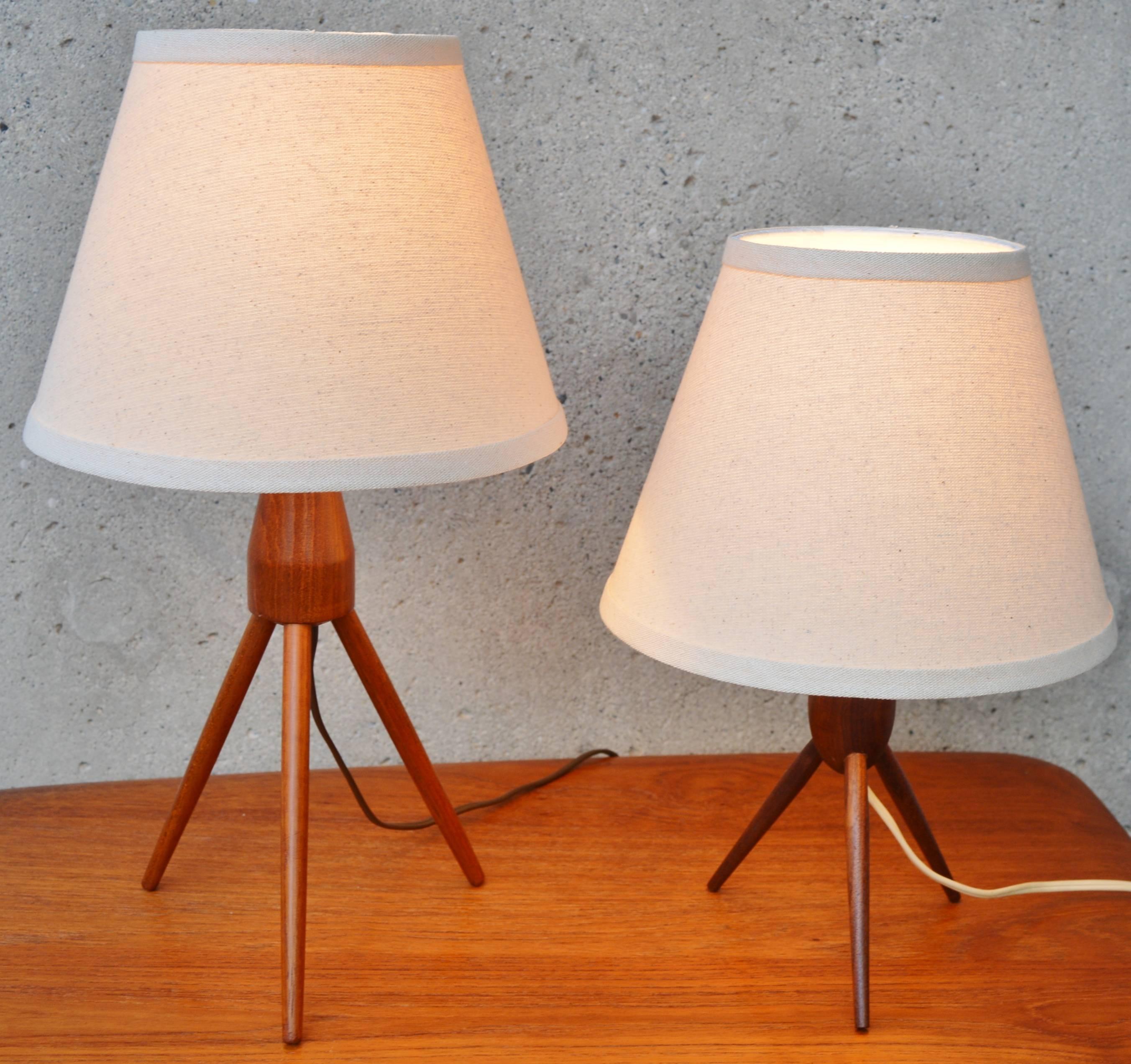 Scandinavian Two Danish Modern Teak Tripod Table Lamps New Conical Shades