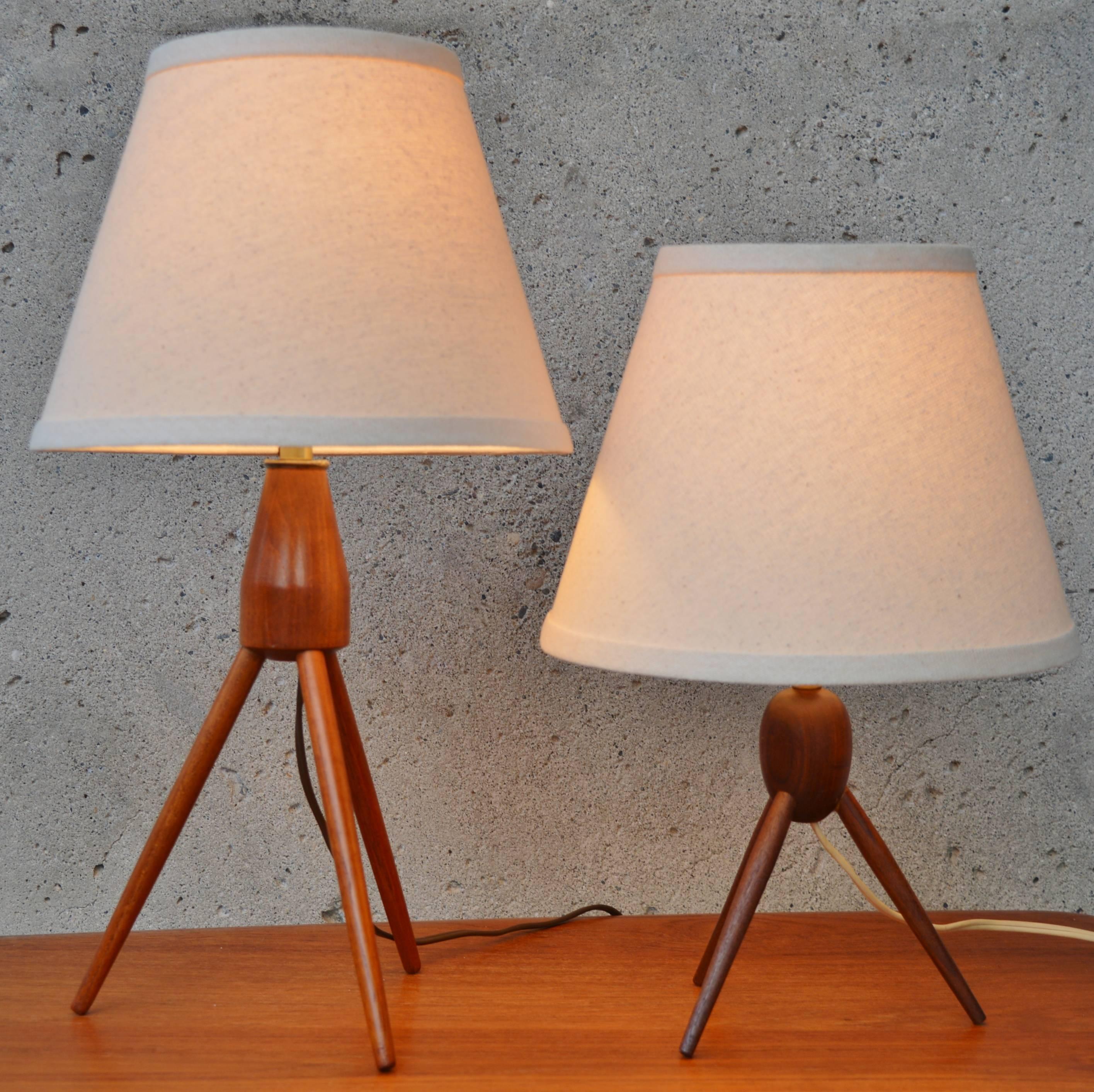 Mid-20th Century Two Danish Modern Teak Tripod Table Lamps New Conical Shades