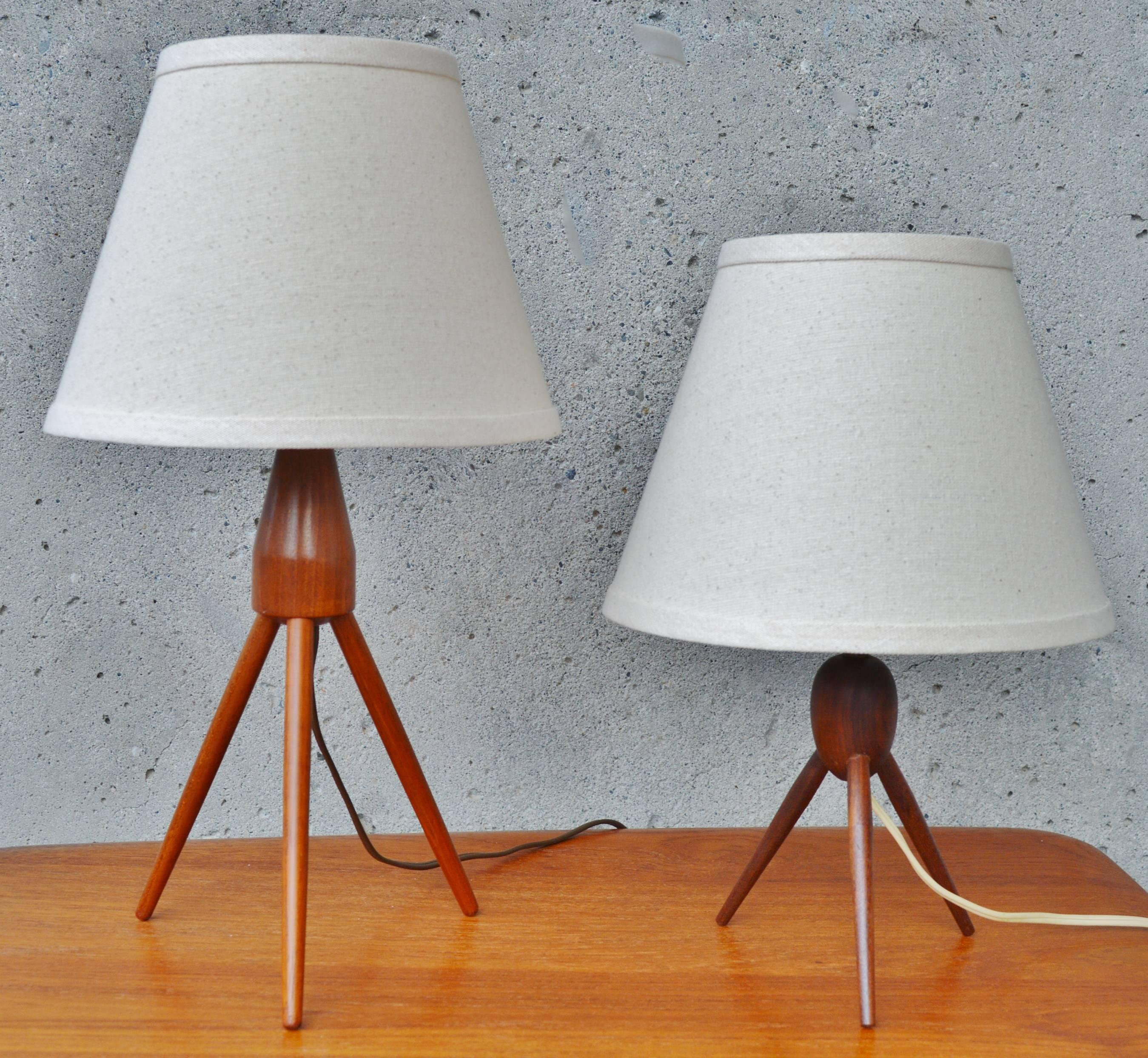 Two Danish Modern Teak Tripod Table Lamps New Conical Shades In Excellent Condition In New Westminster, British Columbia