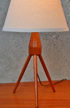 Two Danish Modern Teak Tripod Table Lamps New Conical Shades
