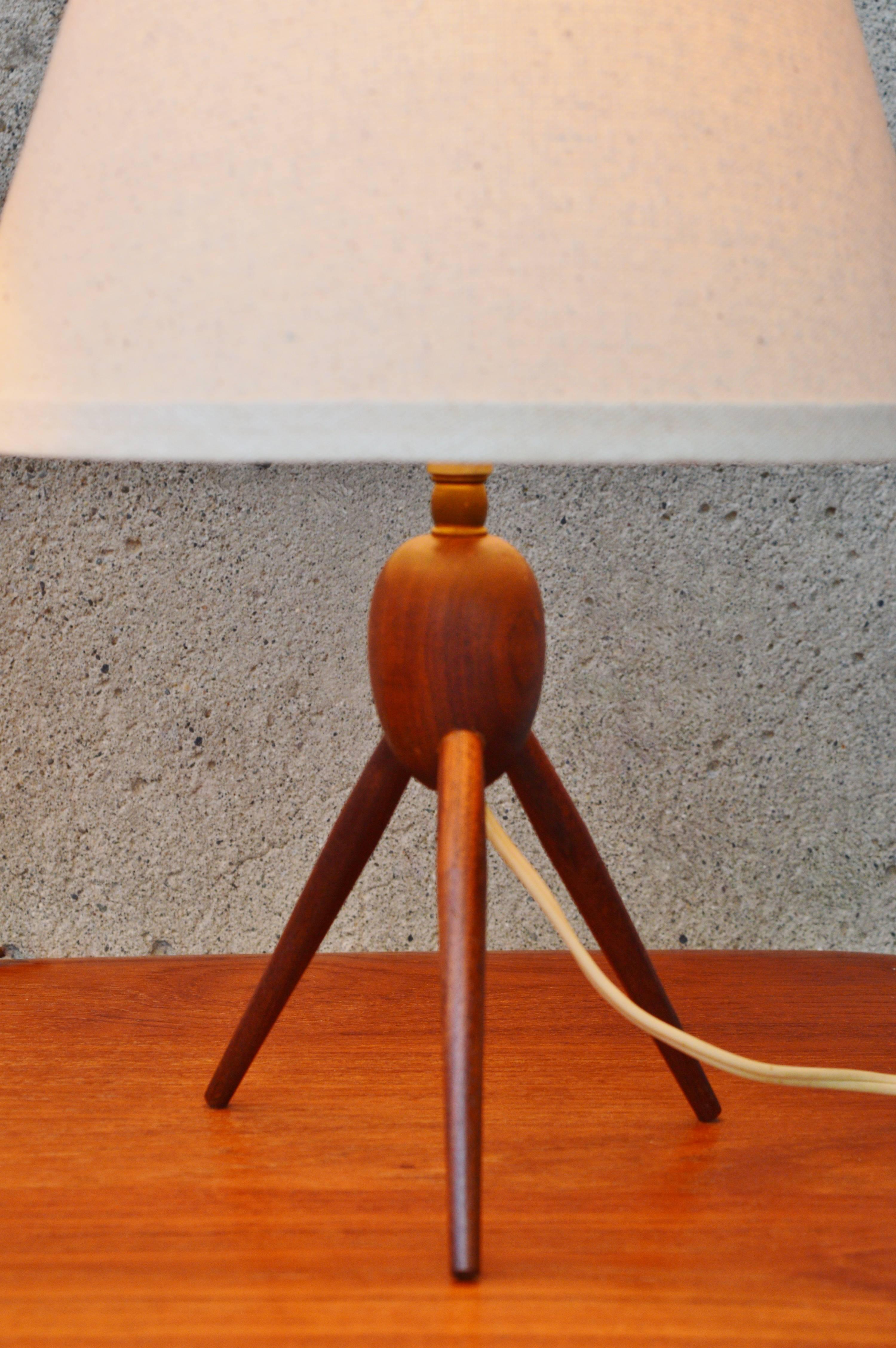 Mid-Century Modern Two Danish Modern Teak Tripod Table Lamps New Conical Shades