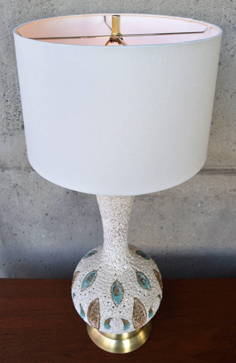 MidCentury Modern Textured Ceramic Lamp with Leaf CutOuts and Lit