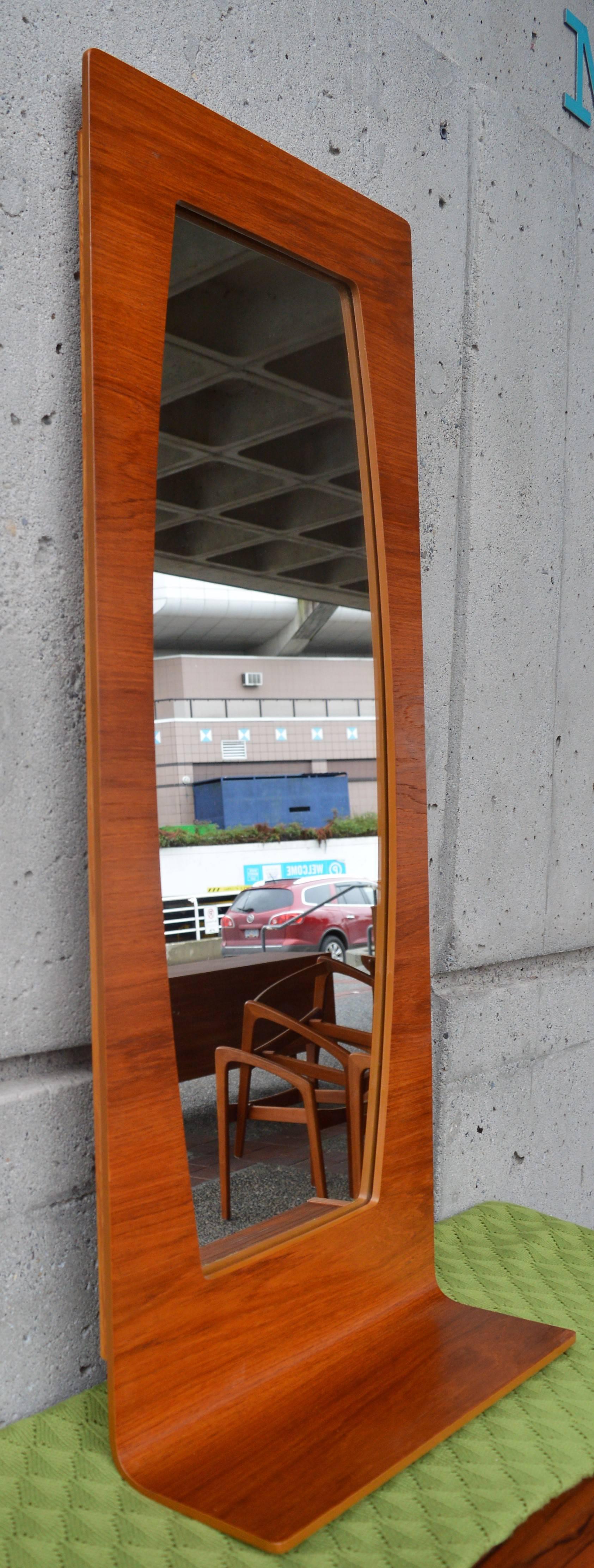 Mid-Century Modern Large Danish Modern Teak Bent Ply Entry Mirror with Shelf