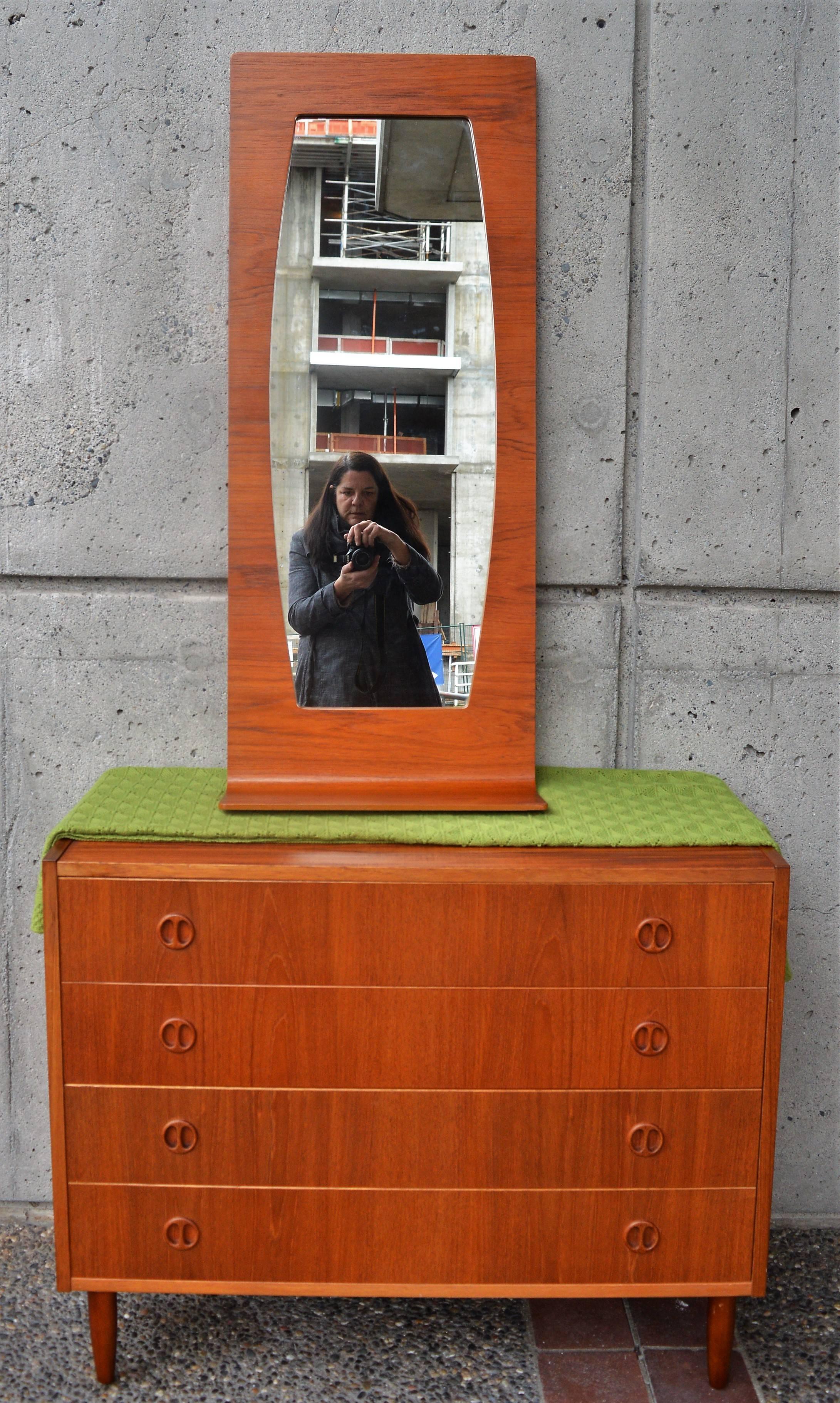 Scandinavian Large Danish Modern Teak Bent Ply Entry Mirror with Shelf