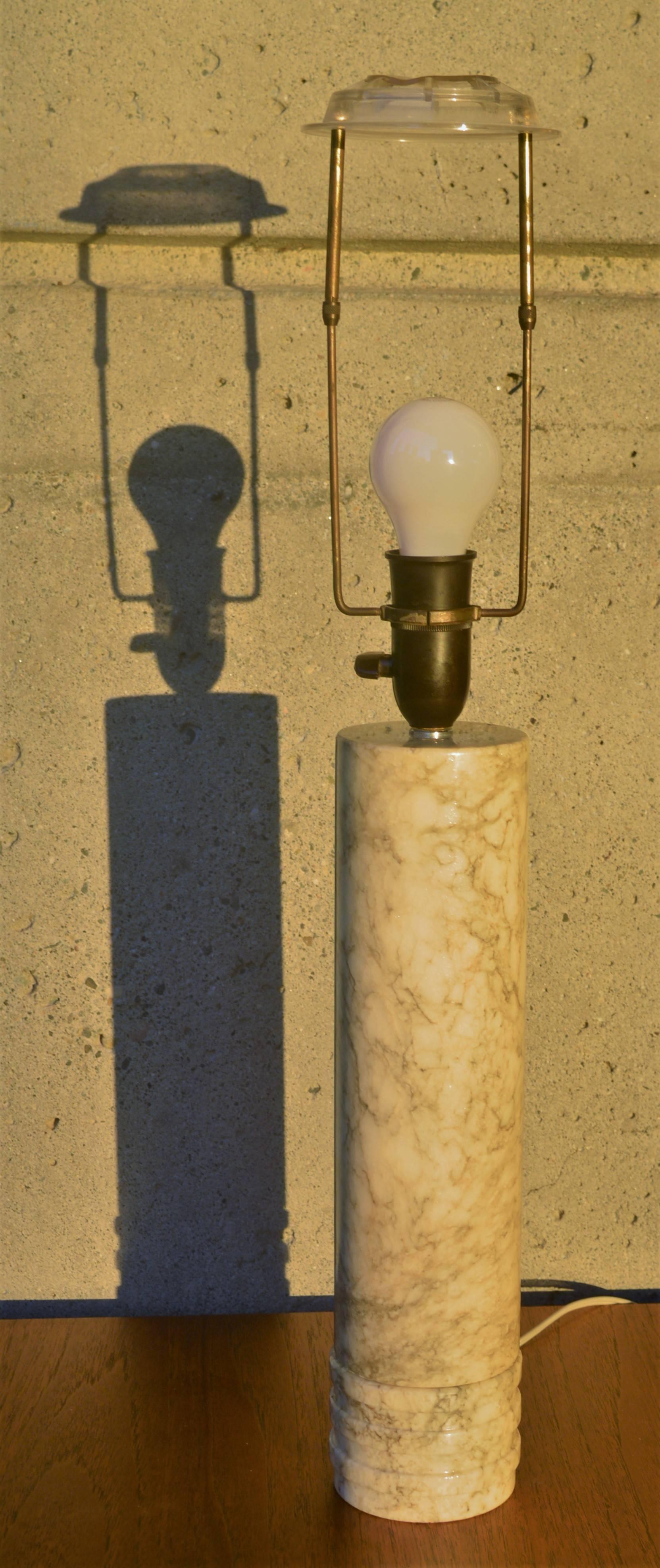 Mid-Century Modern Italian Marble Cylinder Lamp with Silk Barrel Shade, Imported by Holm Sorensen For Sale