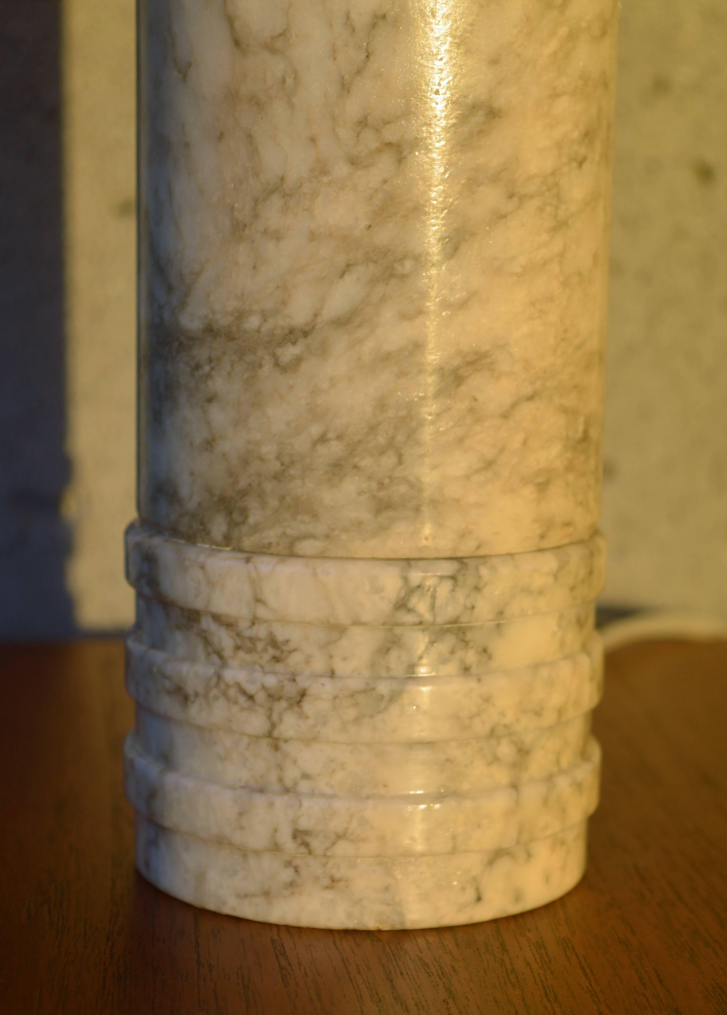 Brass Italian Marble Cylinder Lamp with Silk Barrel Shade, Imported by Holm Sorensen For Sale