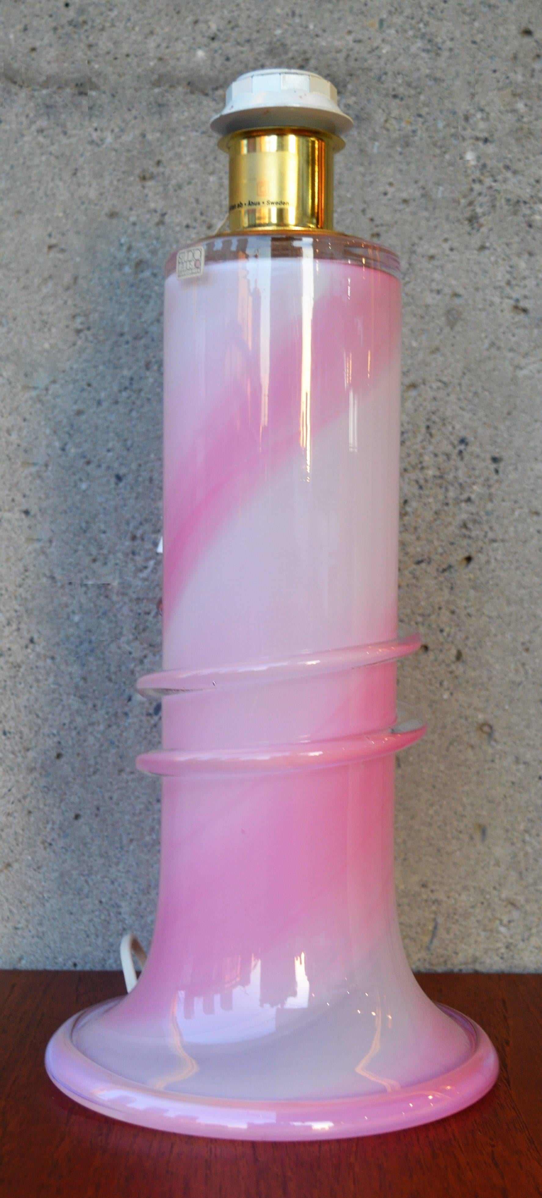 Mid-Century Modern Pink and White Swirl Art Glass Lamp by Studio Ahus, Sweden, 1985 For Sale