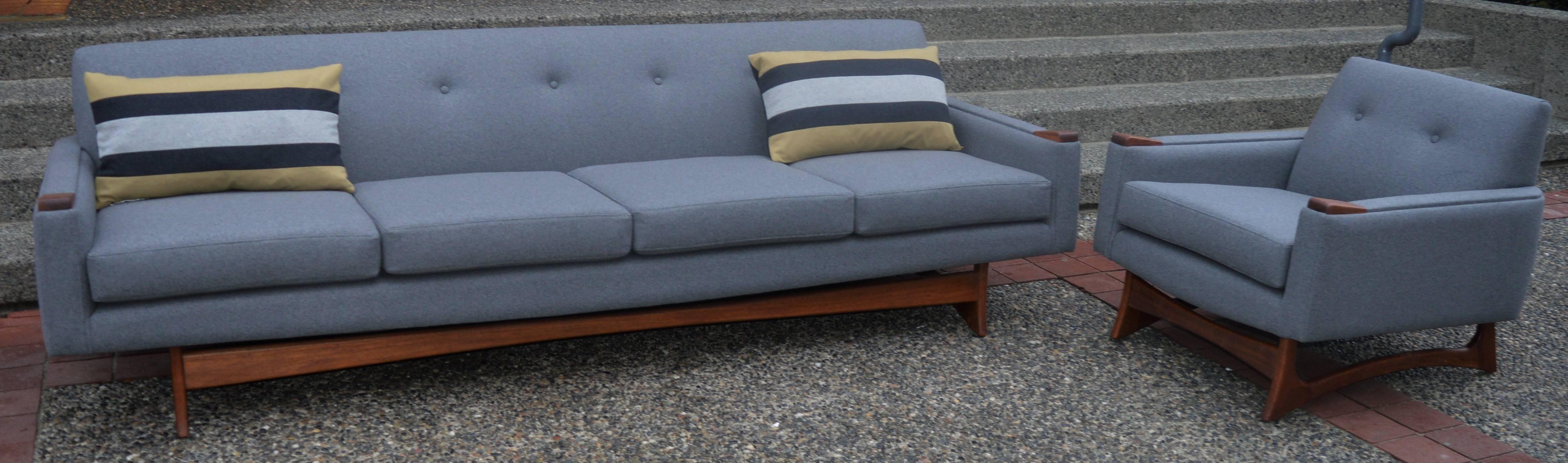 American Adrian Pearsall Attributed Grey Wool Sofa & Lounge Chair-Walnut Base & Armrests