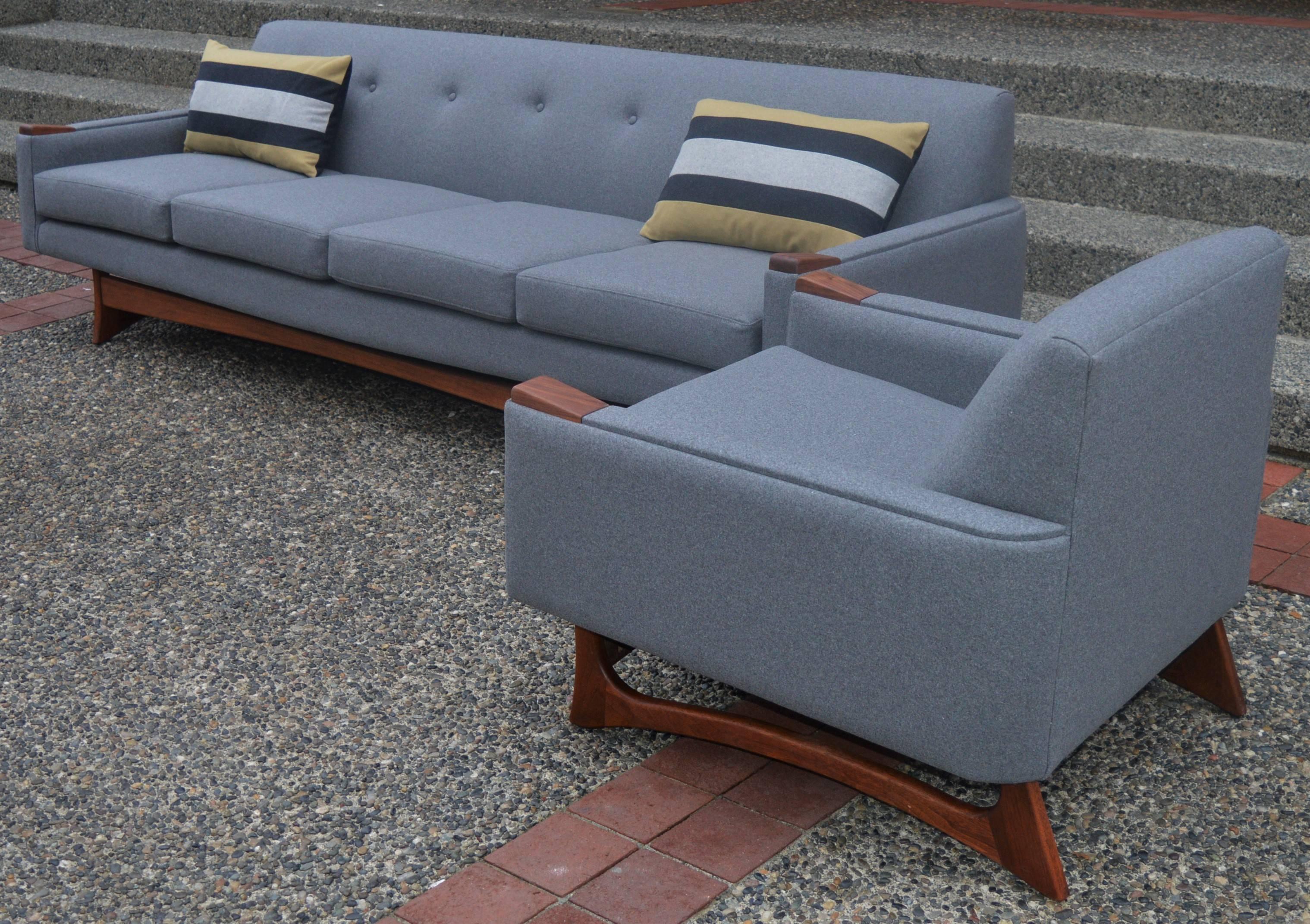 Mid-Century Modern Adrian Pearsall Attributed Grey Wool Sofa & Lounge Chair-Walnut Base & Armrests