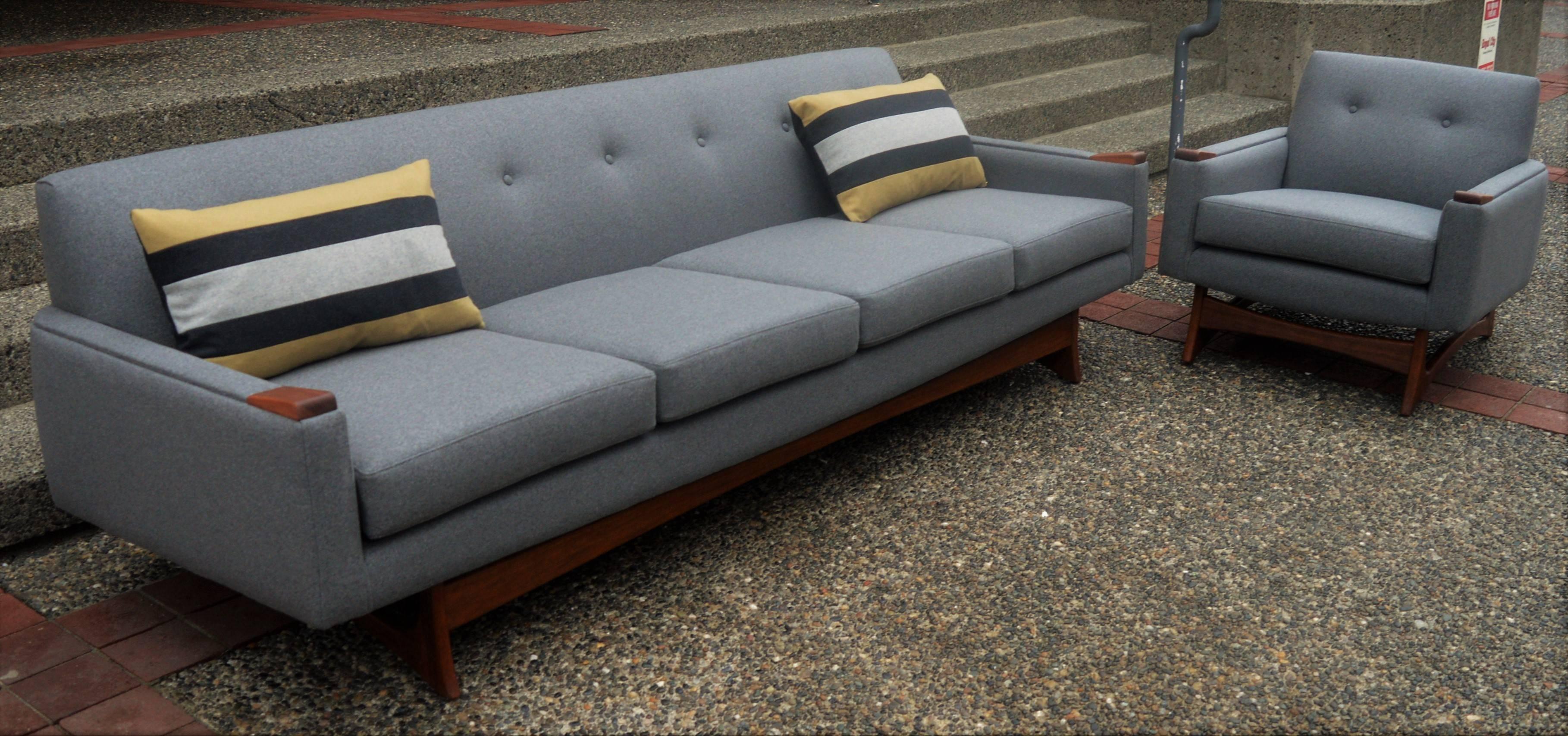 Adrian Pearsall Attributed Grey Wool Sofa & Lounge Chair-Walnut Base & Armrests In Excellent Condition In New Westminster, British Columbia