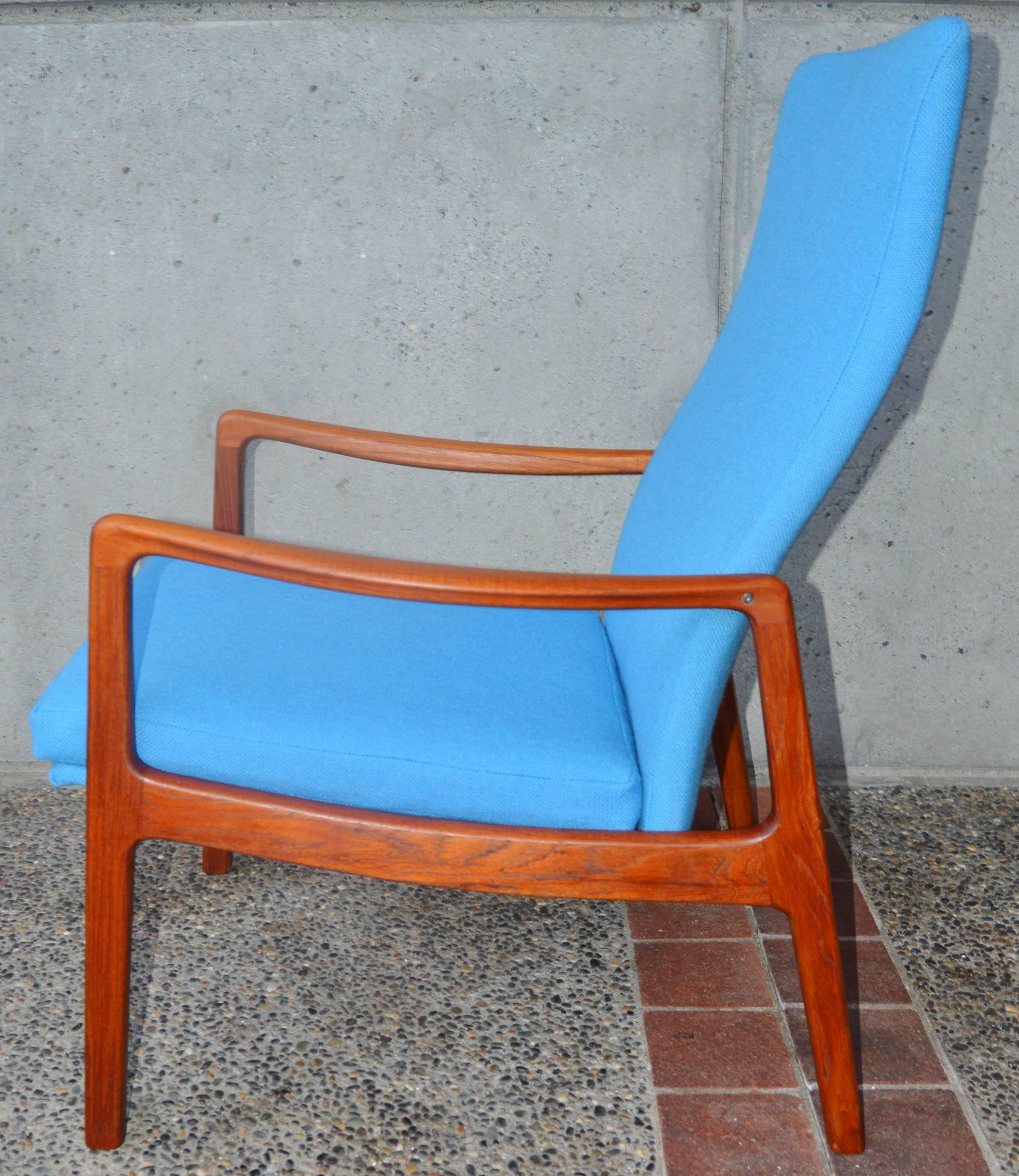 Rare Ole Wanscher Danish Teak High Back Lounge Chair in Blue Kravdrat Wool 1