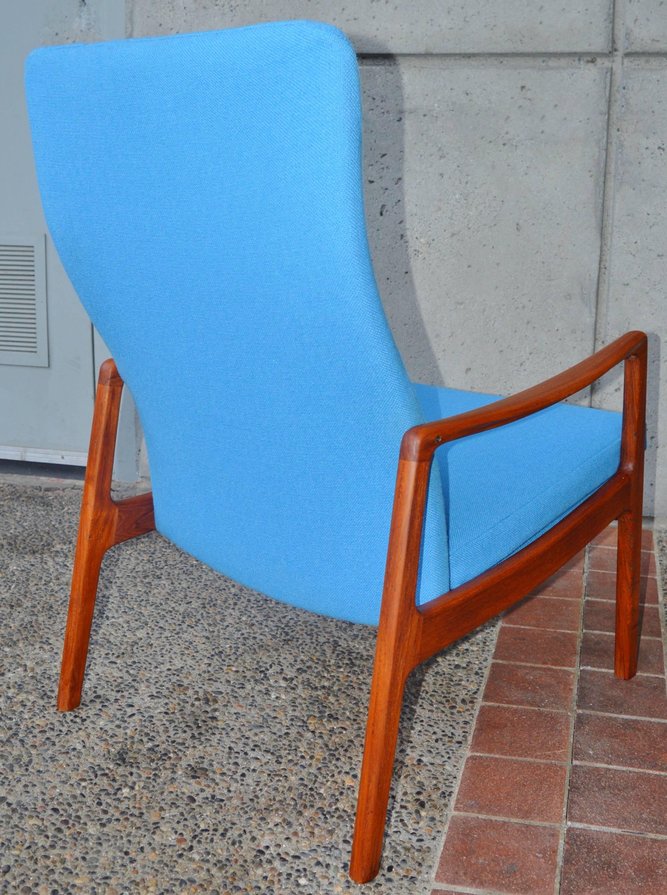 Upholstery Rare Ole Wanscher Danish Teak High Back Lounge Chair in Blue Kravdrat Wool