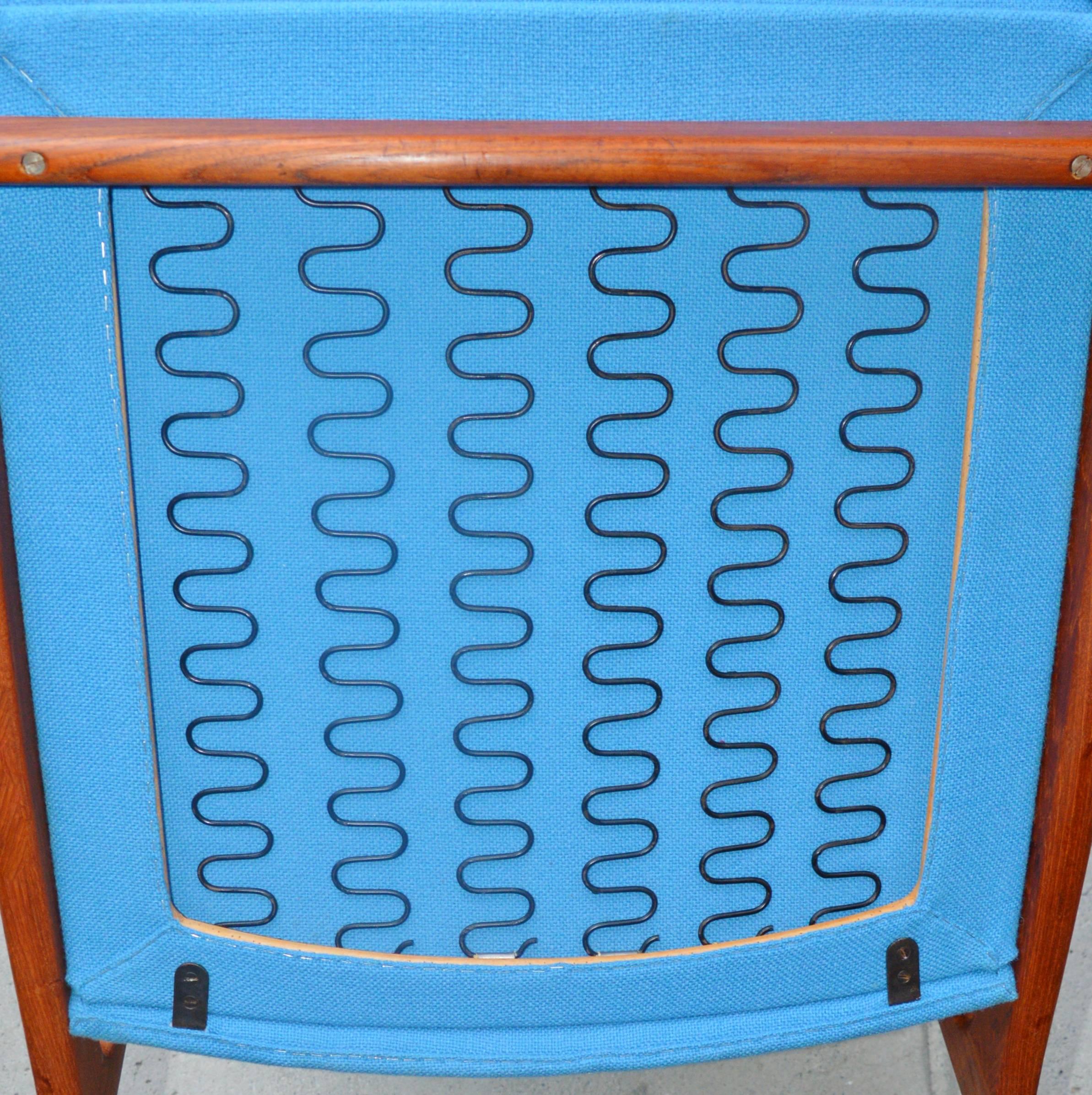 Rare Ole Wanscher Danish Teak High Back Lounge Chair in Blue Kravdrat Wool 3