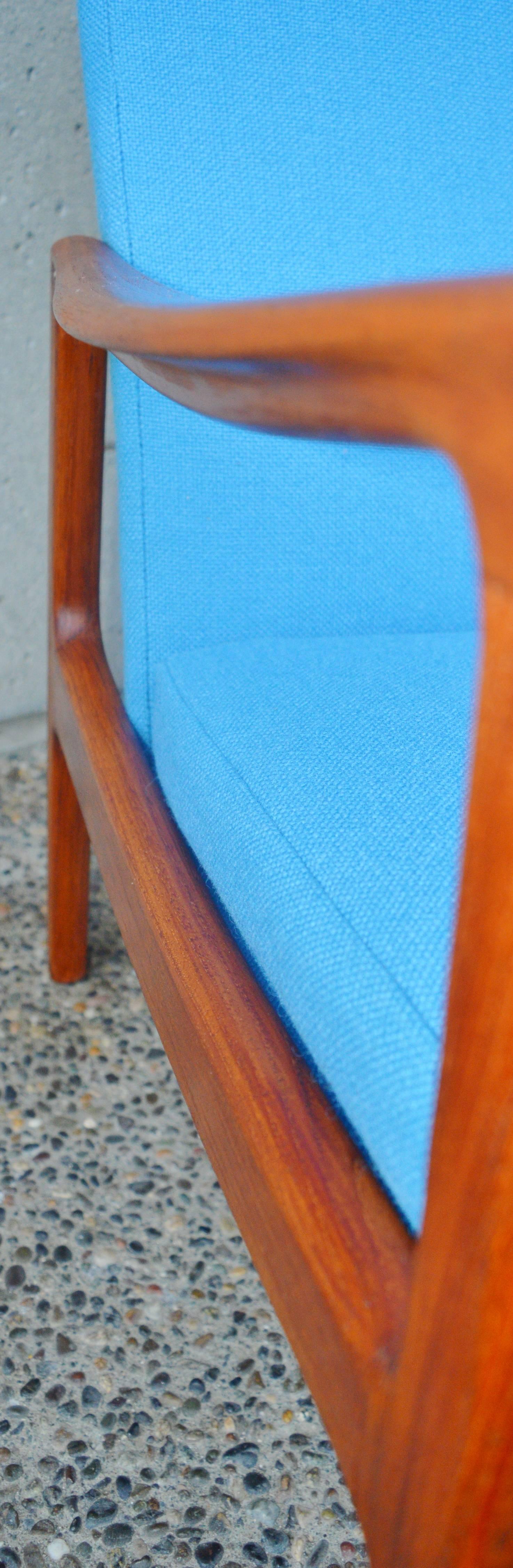 Rare Ole Wanscher Danish Teak High Back Lounge Chair in Blue Kravdrat Wool 2