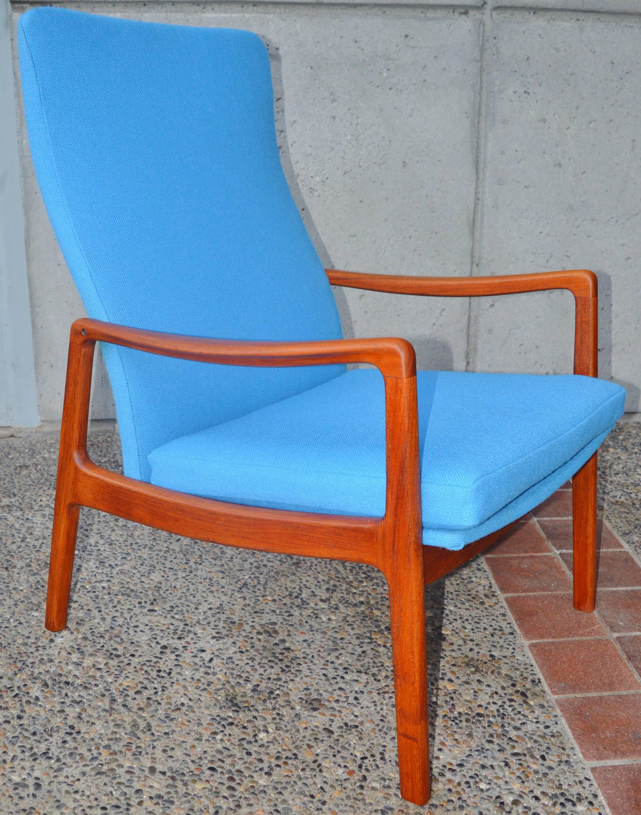 Mid-Century Modern Rare Ole Wanscher Danish Teak High Back Lounge Chair in Blue Kravdrat Wool