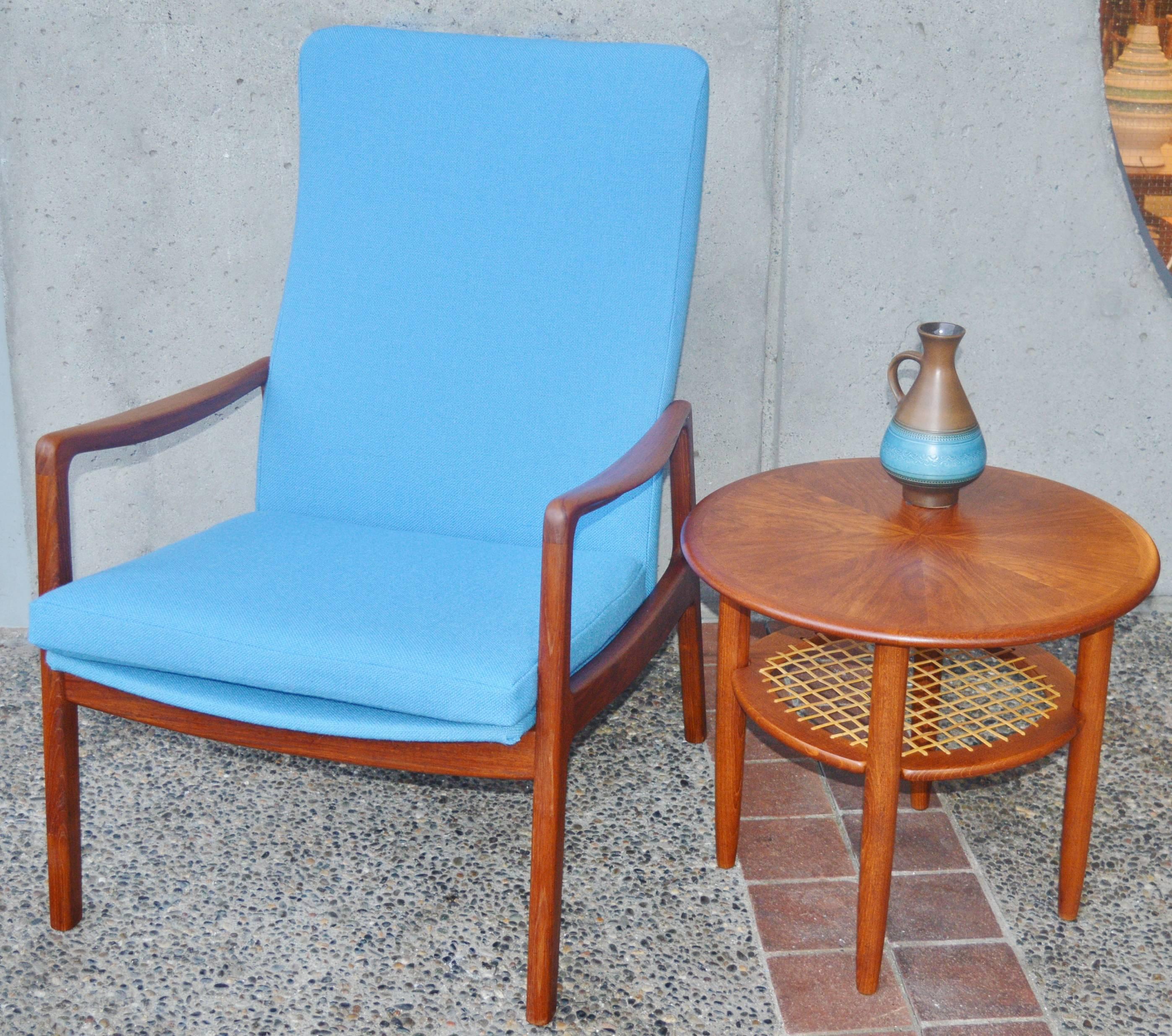 Mid-20th Century Rare Ole Wanscher Danish Teak High Back Lounge Chair in Blue Kravdrat Wool