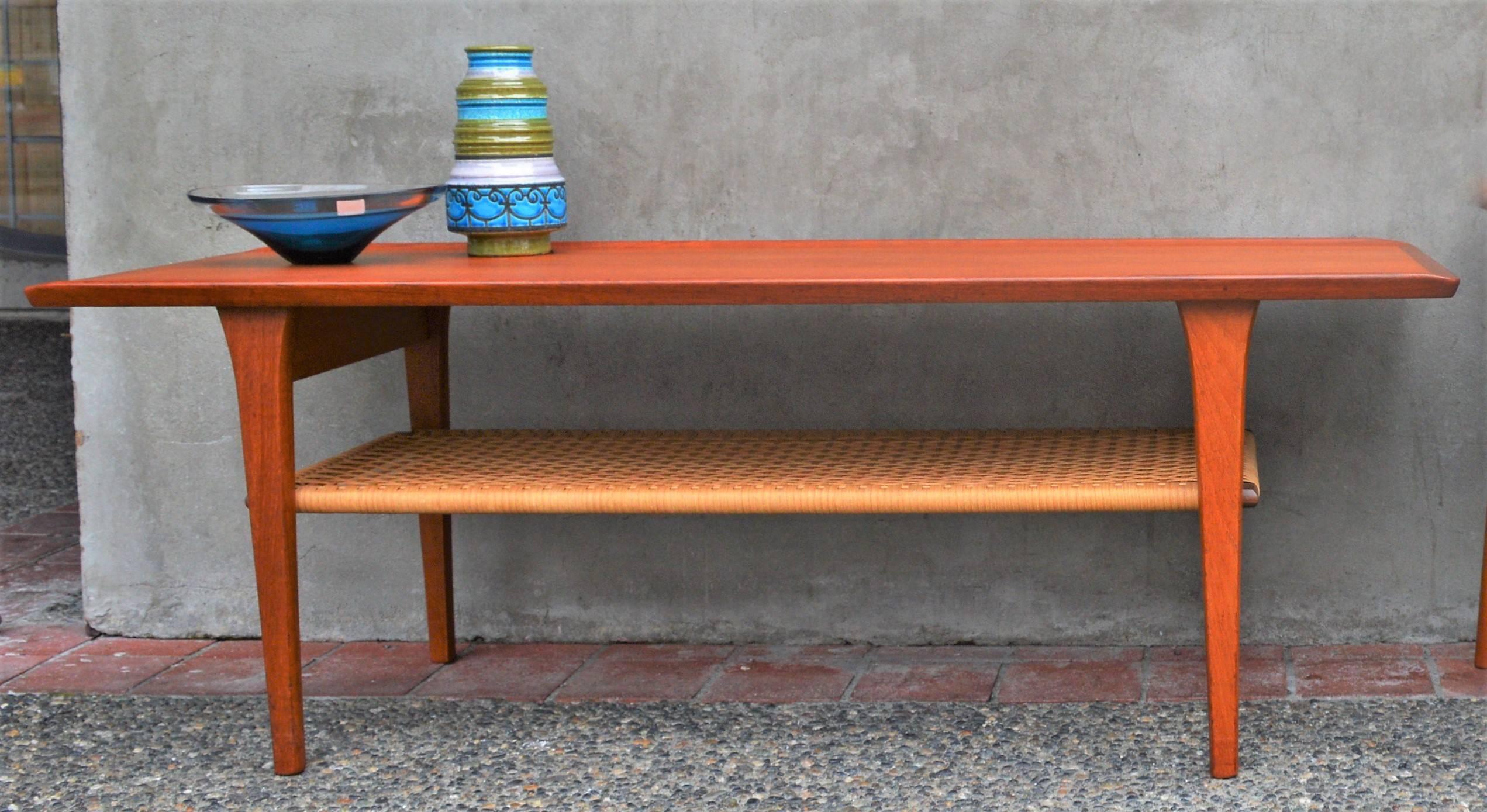 Danish Teak Coffee Table Flared Edges and Lower Cane Shelf by Mobelintarsia 1