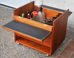Danish Teak Fold Open Bar Cart with Bottle and Glass Storage and Casters