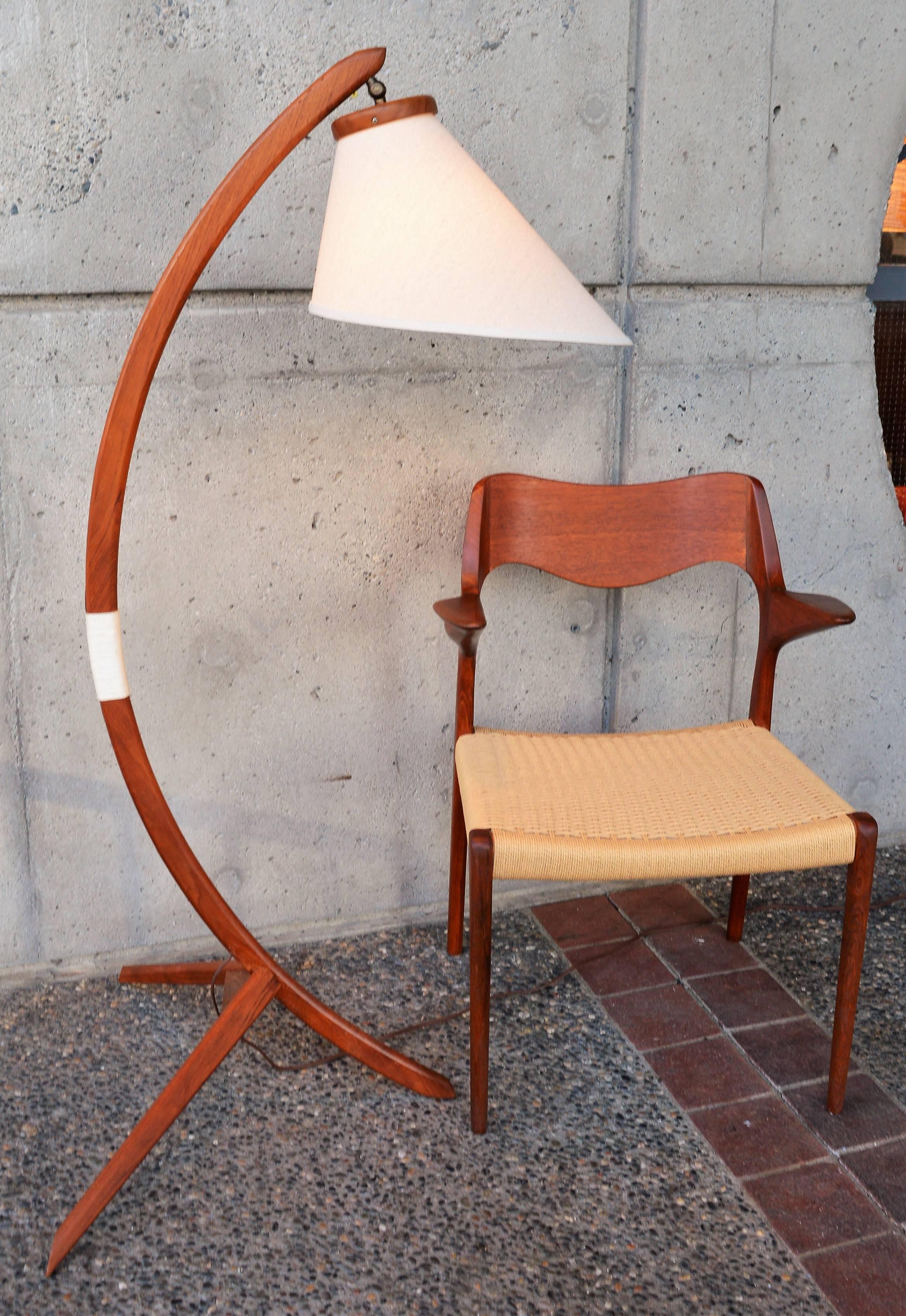 Scandinavian Danish Teak Arc or Bow Tripod Floor Lamp with New Bonnet Shade, Rispal Style
