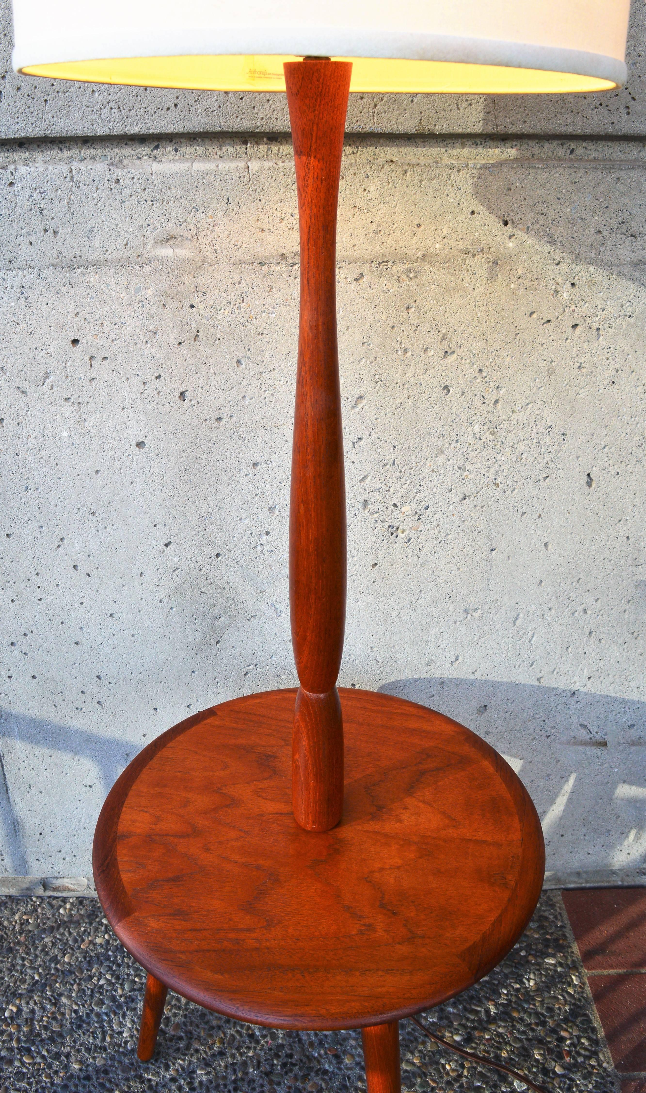 Scandinavian Danish Teak Tripod Floor Lamp with Round Side Table 