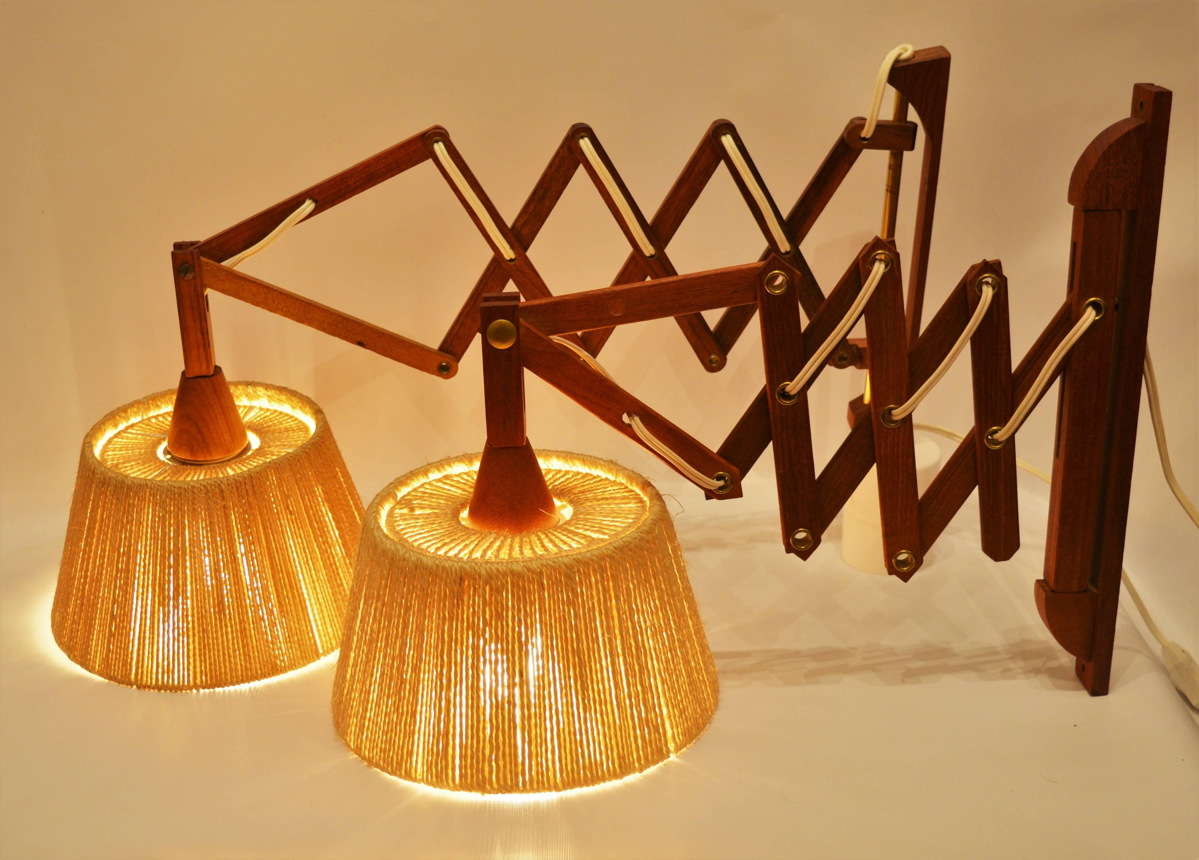 Mid-Century Modern Pair of Danish Teak Fog and Morup Style Accordion Wall Lamps with Jute Shades