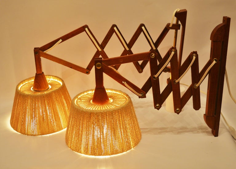 Pair of Danish Teak Fog and Morup Style Accordion Wall Lamps with Jute