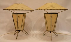 Pair 1950s Atomic Era Fiberglass and Brass Tripod Table Lamps