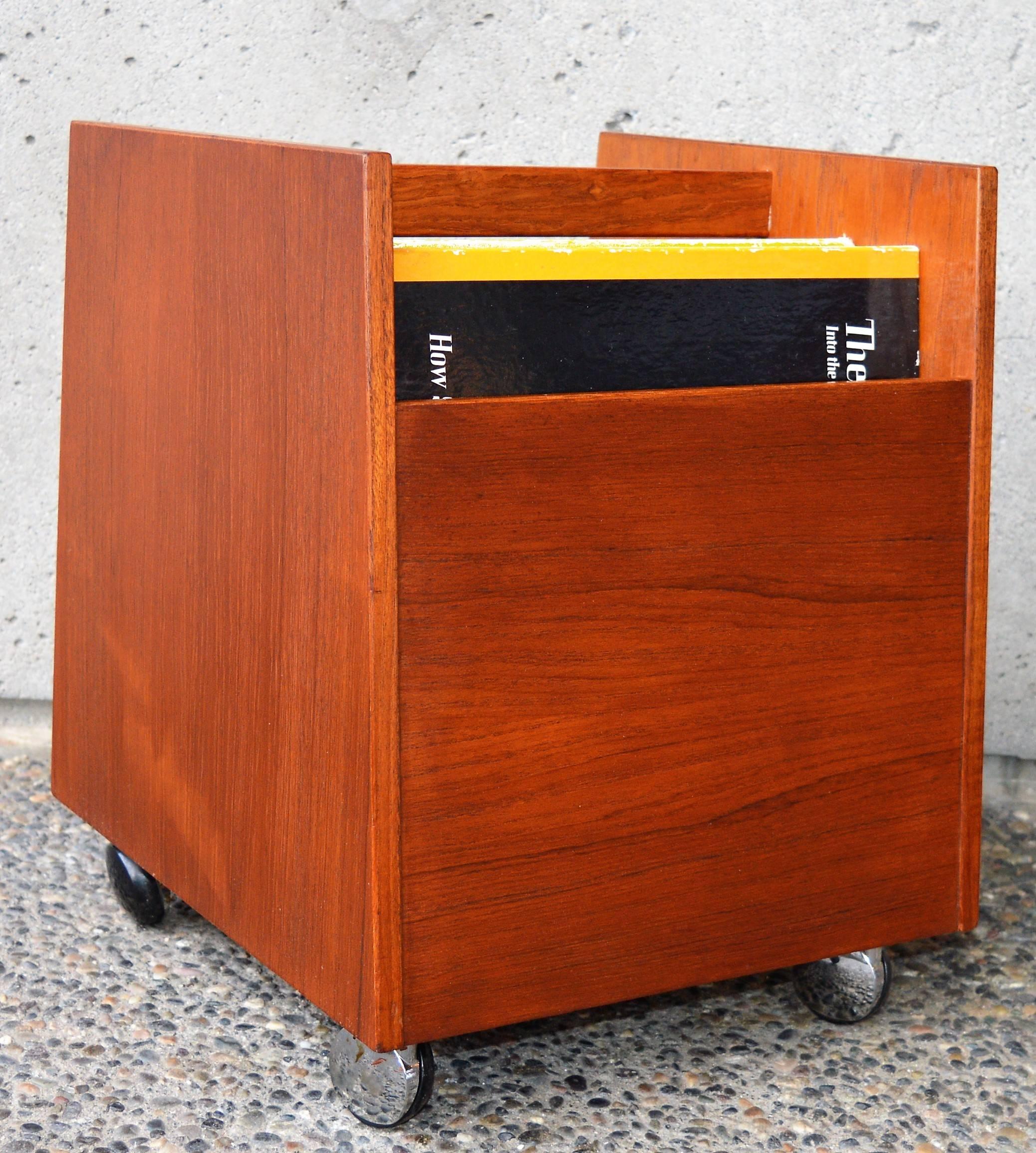 Mid-20th Century Bruksbo Teak LP, Vinyl or Magazine Cart with Trapezoidal Sides, Handle & Casters