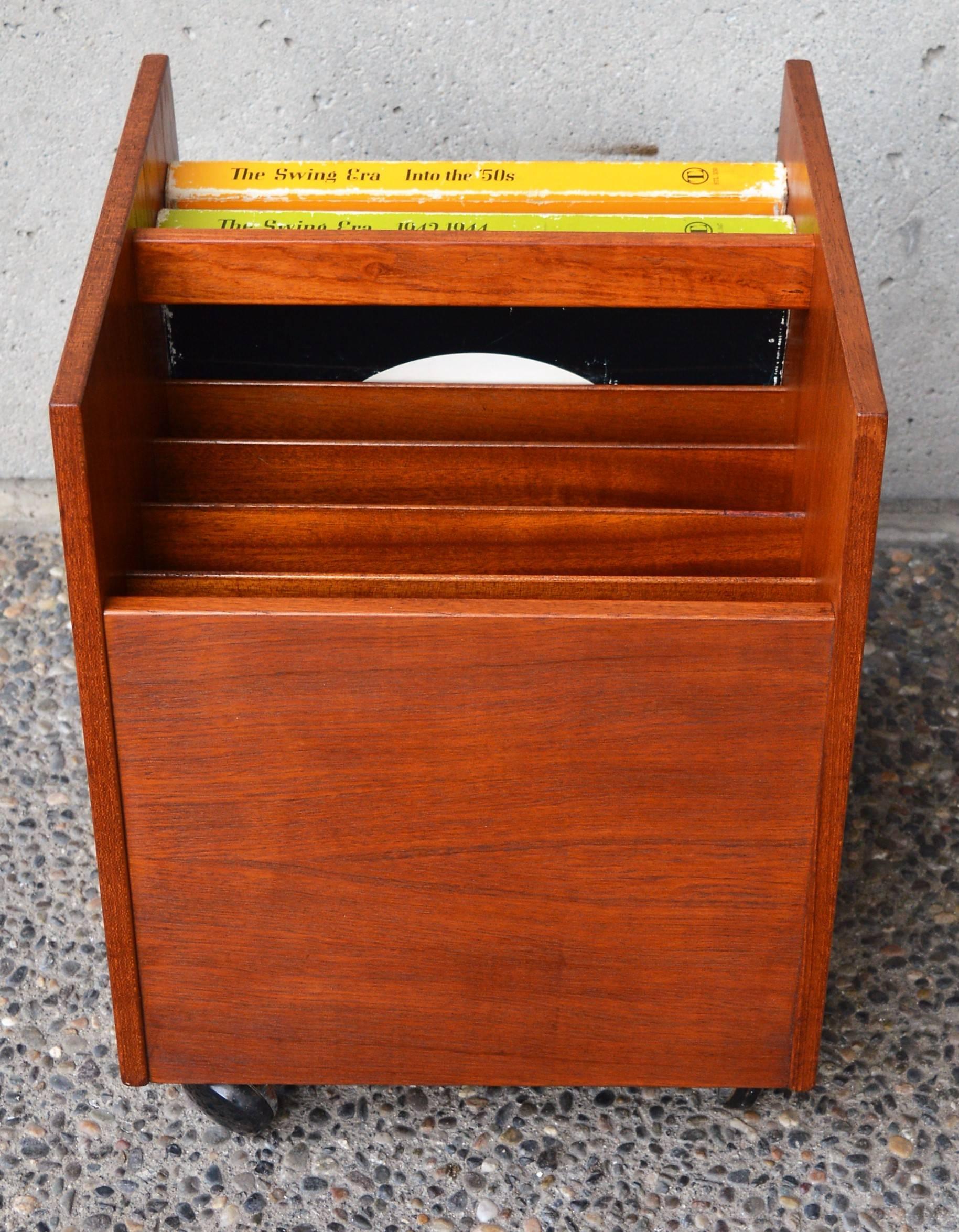 Norwegian Bruksbo Teak LP, Vinyl or Magazine Cart with Trapezoidal Sides, Handle & Casters