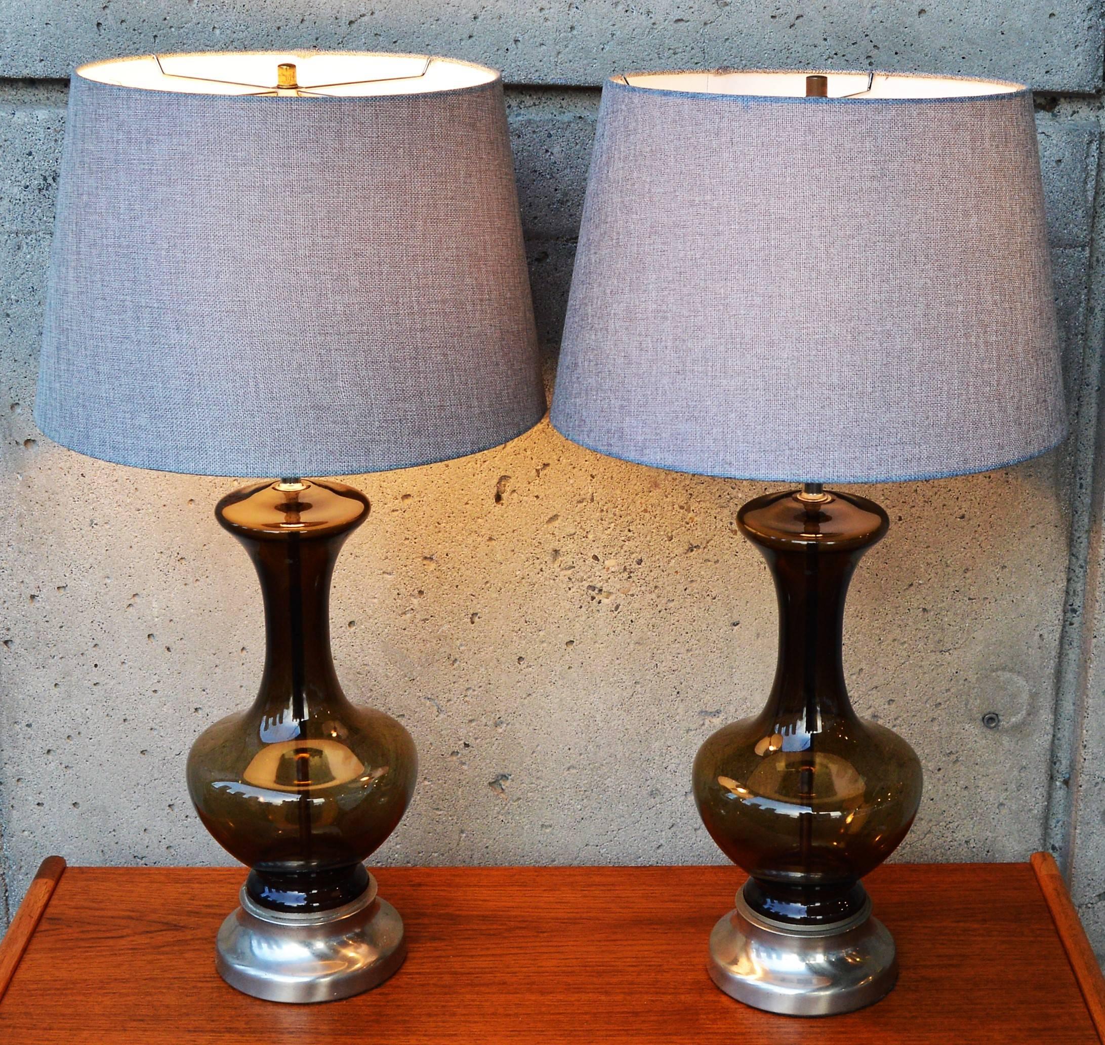 Mid-Century Modern Pair of Mid-Century Scandinavian Smoked Glass Lamps with Modern Shades