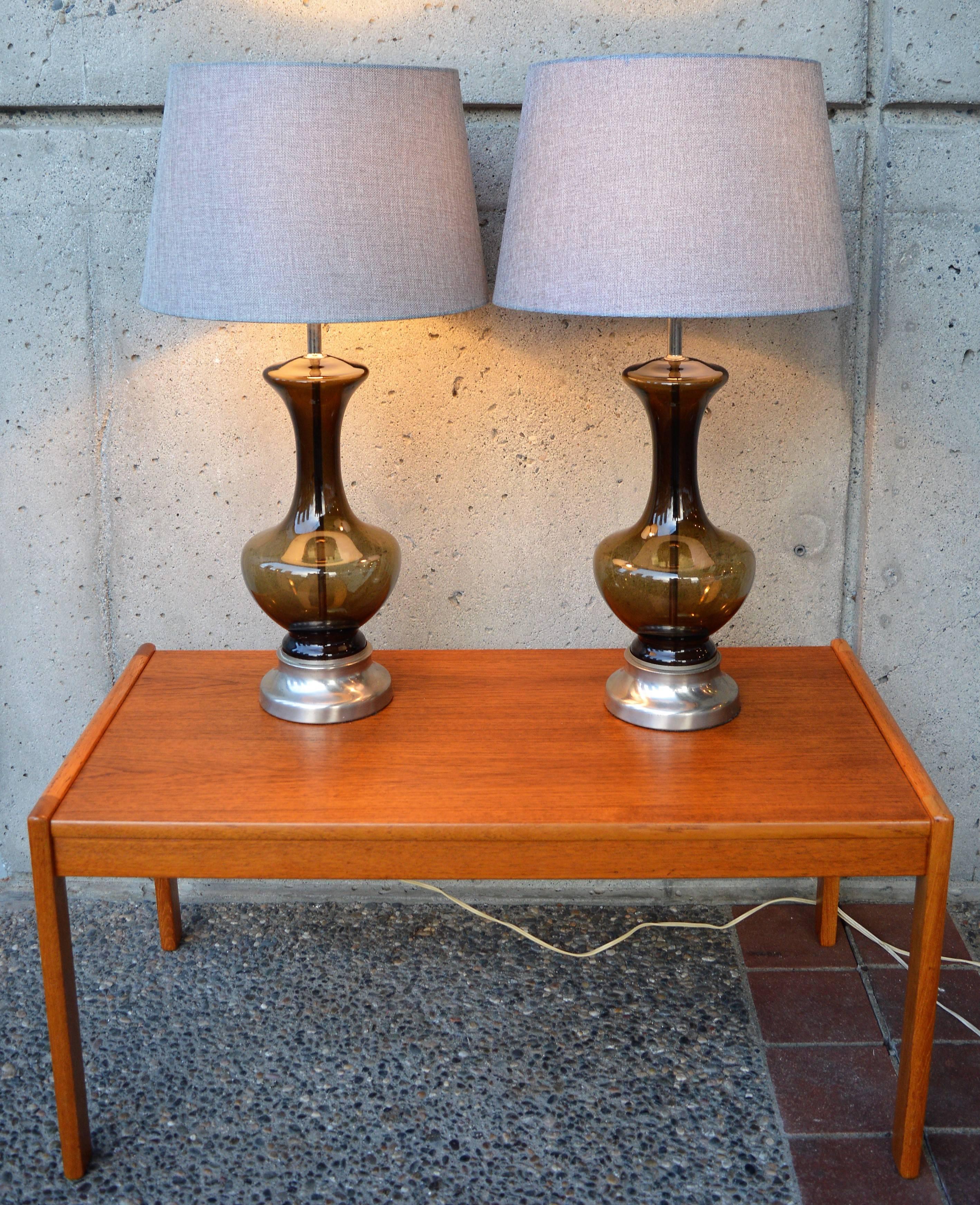 Pair of Mid-Century Scandinavian Smoked Glass Lamps with Modern Shades In Excellent Condition In New Westminster, British Columbia