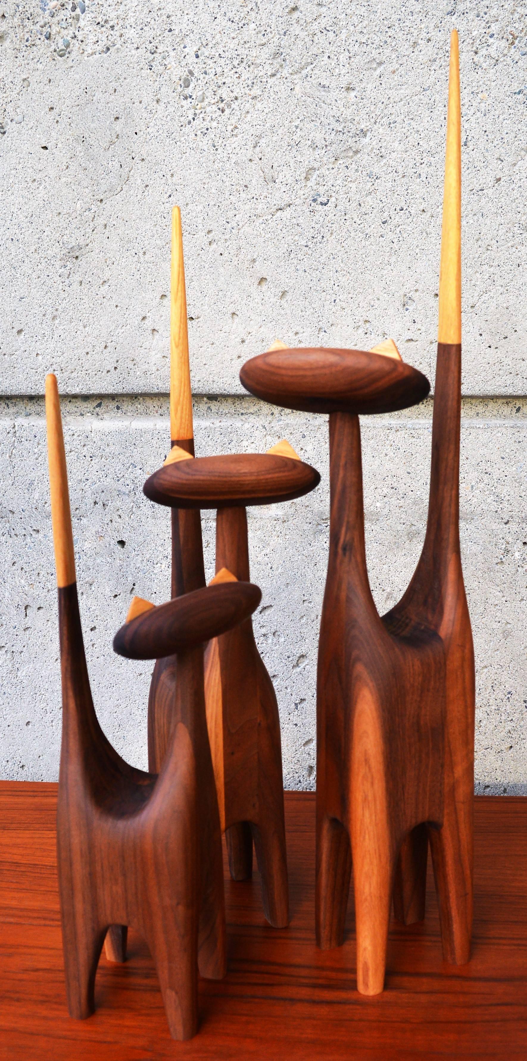 Canadian Large-Scale Mid-Century Inspired Hand-Carved Walnut & Beech Family of Three Cats