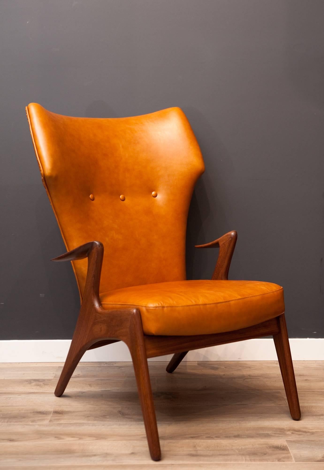 Mid-Century Modern Kurt Ostervig Teak Frame Wingback Style Lounge Chair with New Top-Grain Leather