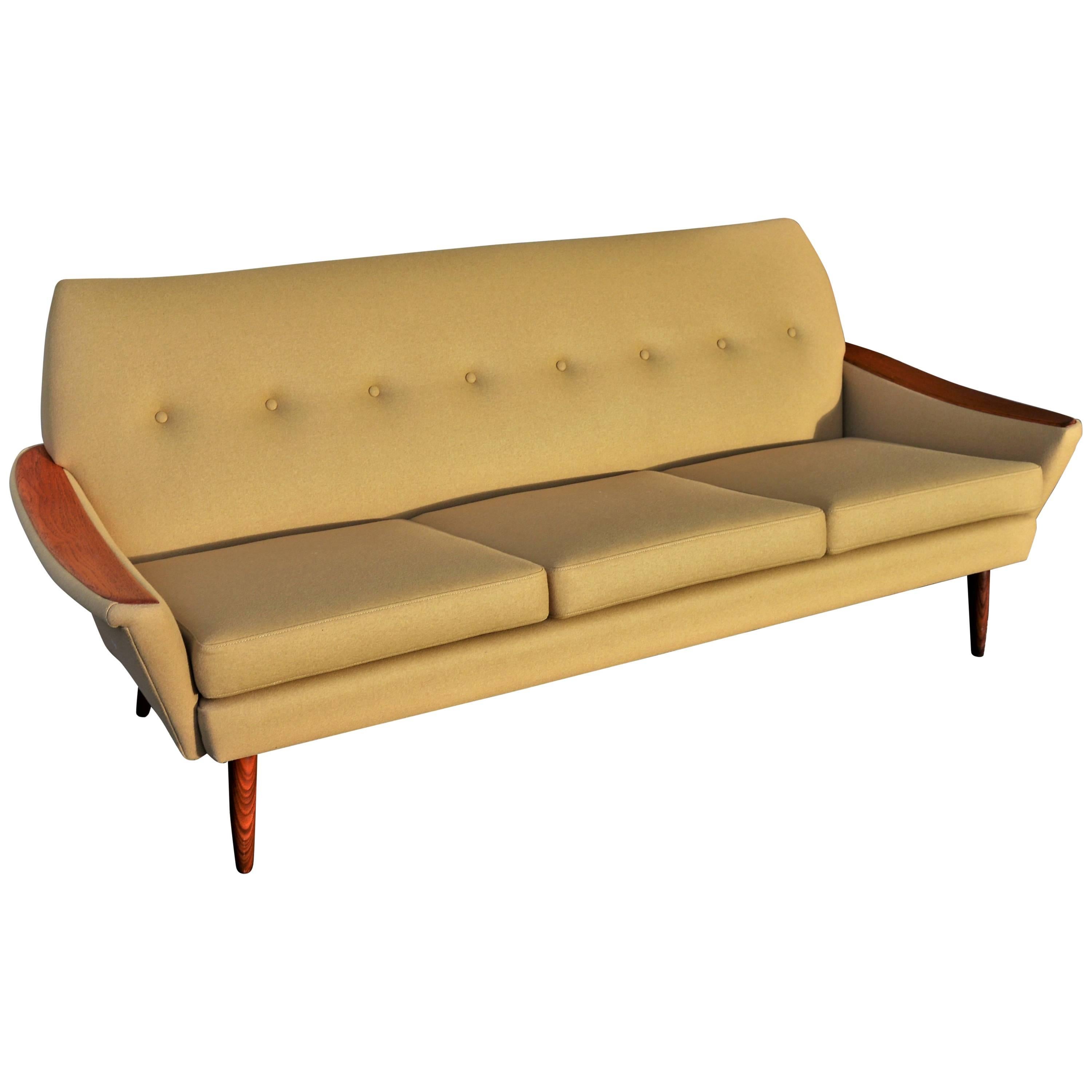 Teak Arm Restored Button-Tufted Sofa in Camel Felted Wool